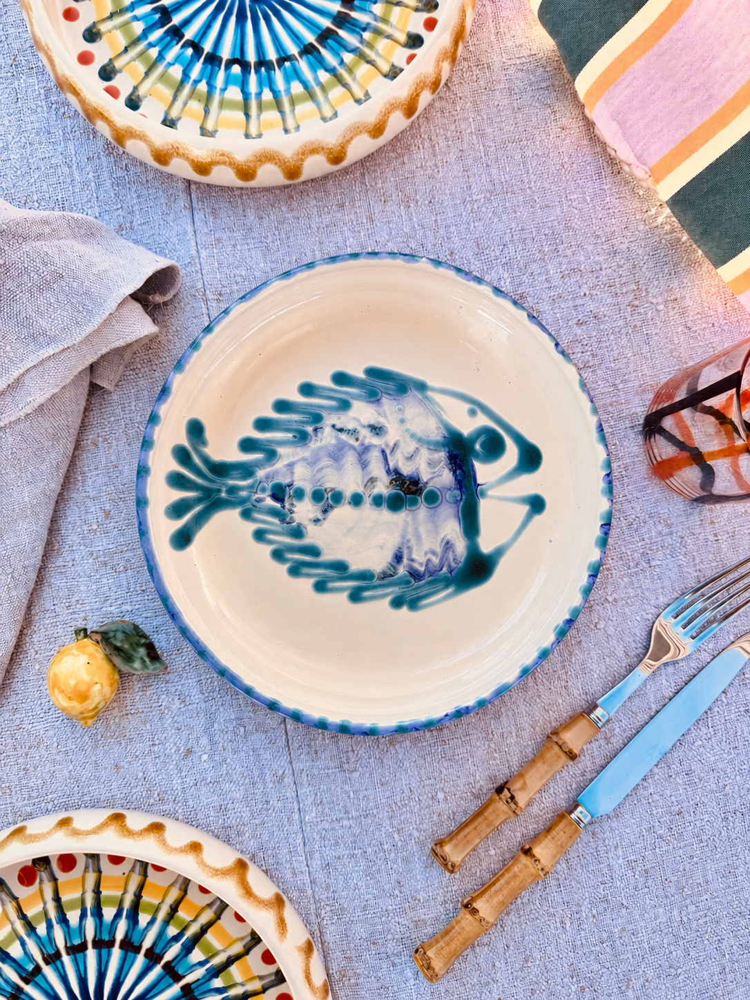 Italian Ceramic Pasta Plate 25cm | Handbemaltes Pesce Design "Unikat"