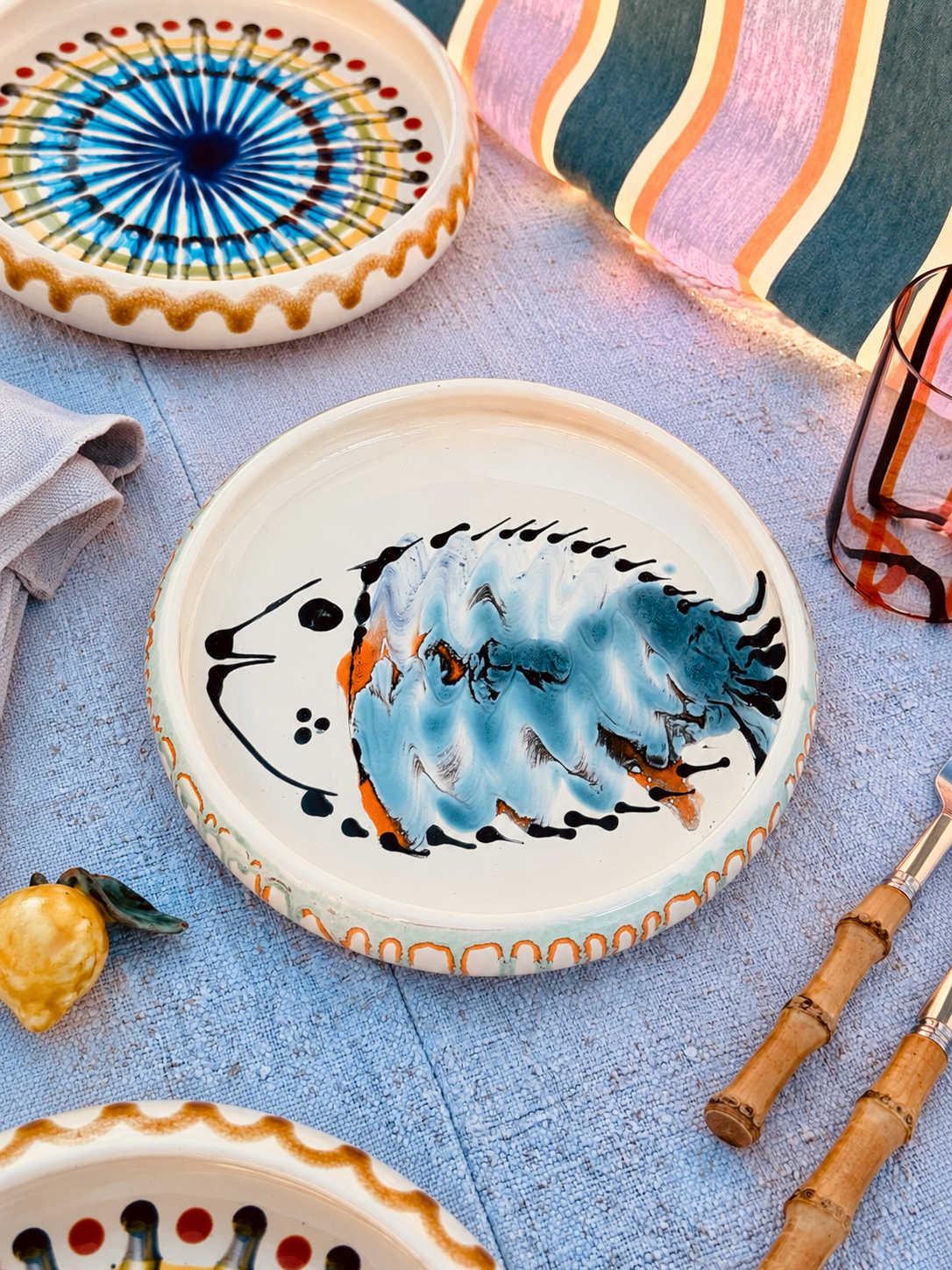 Italian Ceramic Pasta Plate 25cm | Handbemaltes Pesce Design "Unikat"