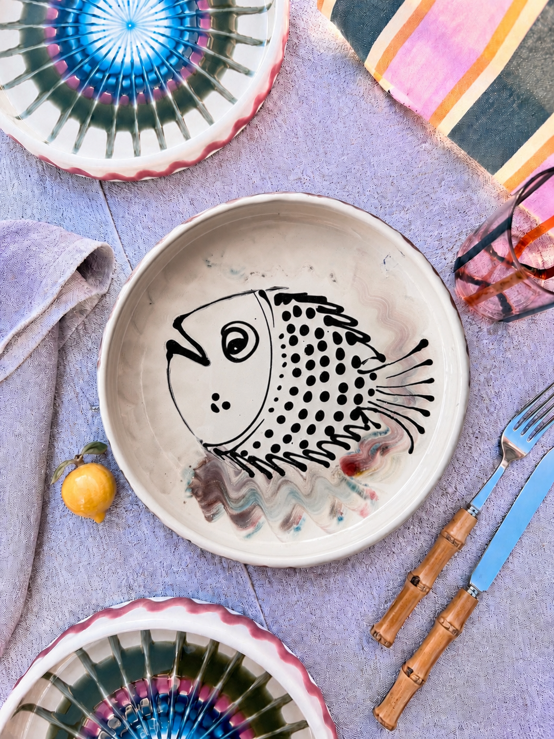 Italian Ceramic Pasta Plate 25cm | Handbemaltes Psychodelic Design "Unikat"