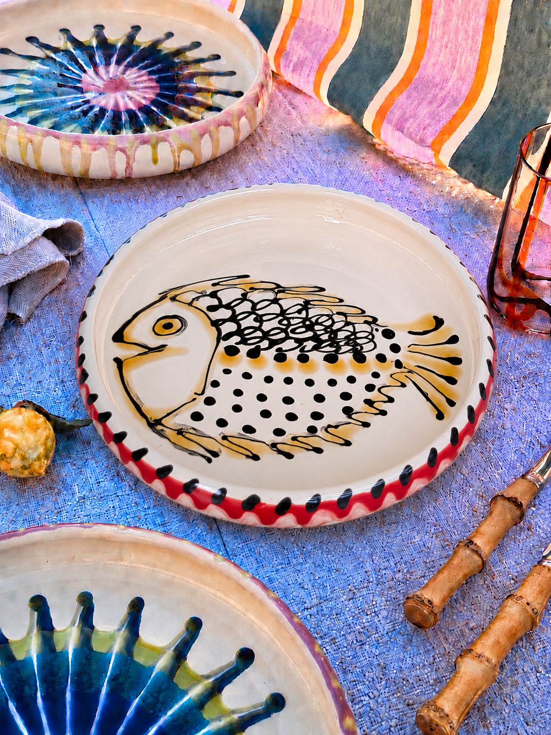 Italian Ceramic Pasta Plate 25cm | Handbemaltes Pesce Design "Unikat"