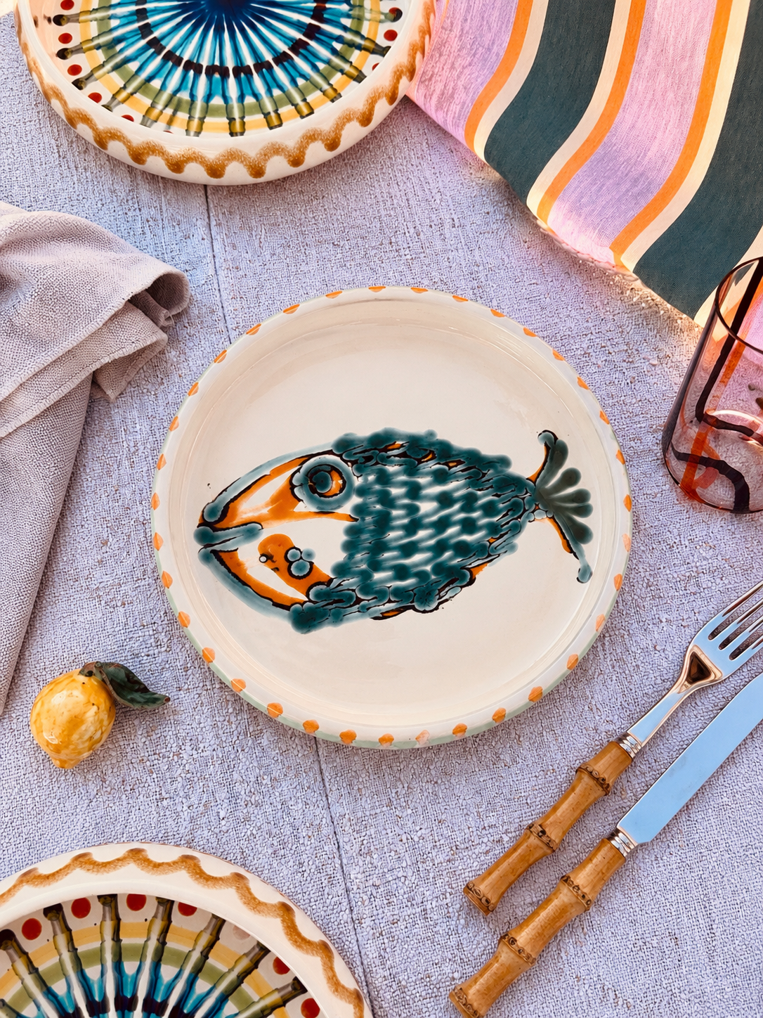 Italian Ceramic Pasta Plate 25cm | Handbemaltes Pesce Design "Unikat"