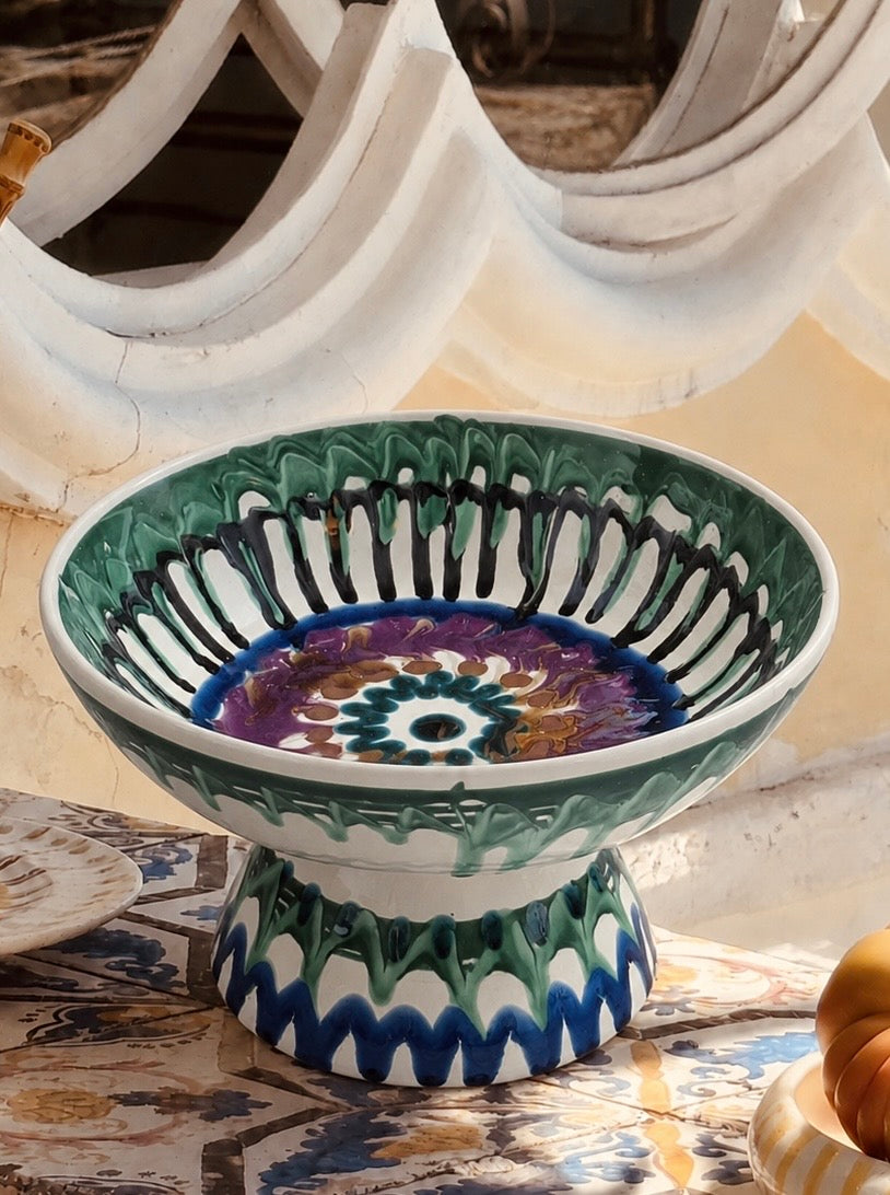 Handgefertigte Keramik Schale mit Fuß 26 cm | Italienisches Unikat