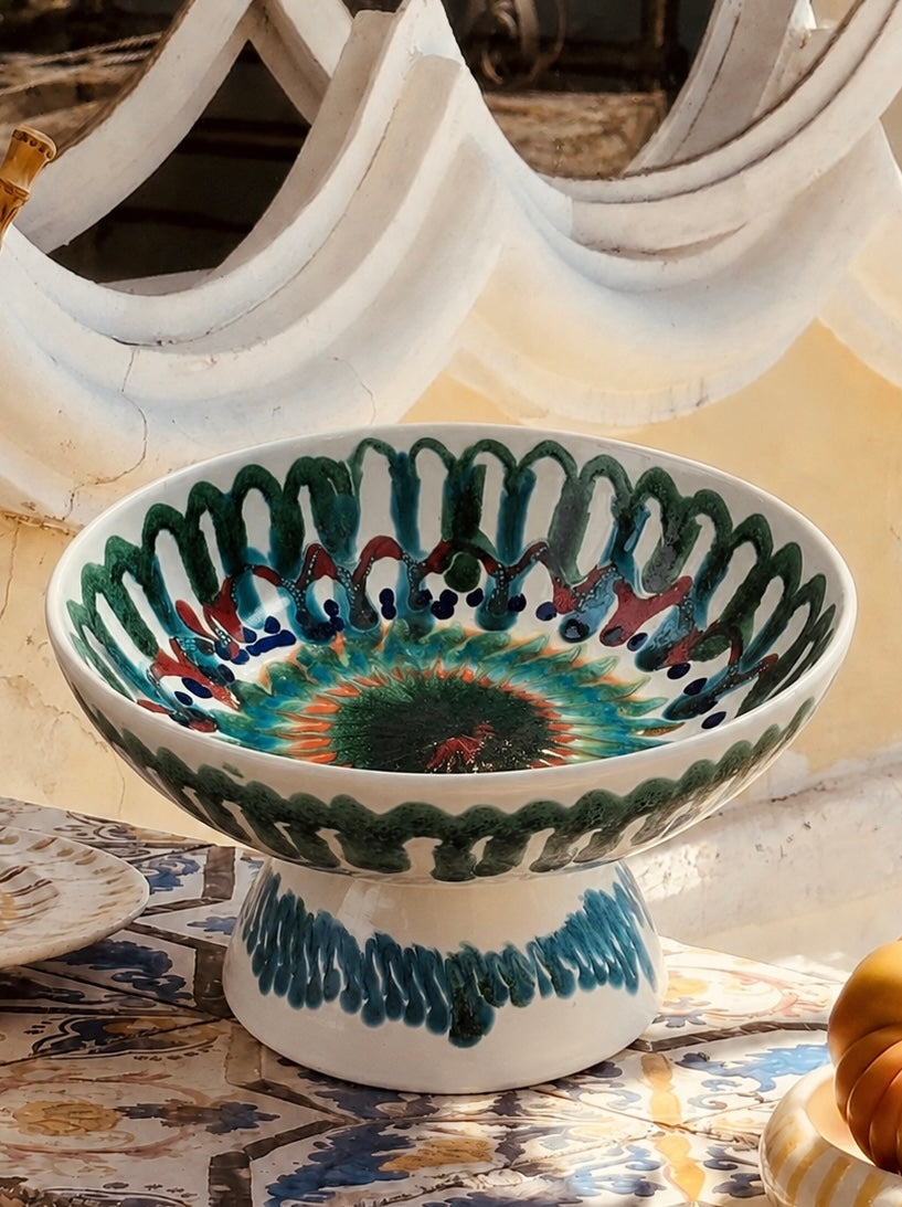 Handgefertigte Keramik Schale mit Fuß 26 cm | Italienisches Unikat