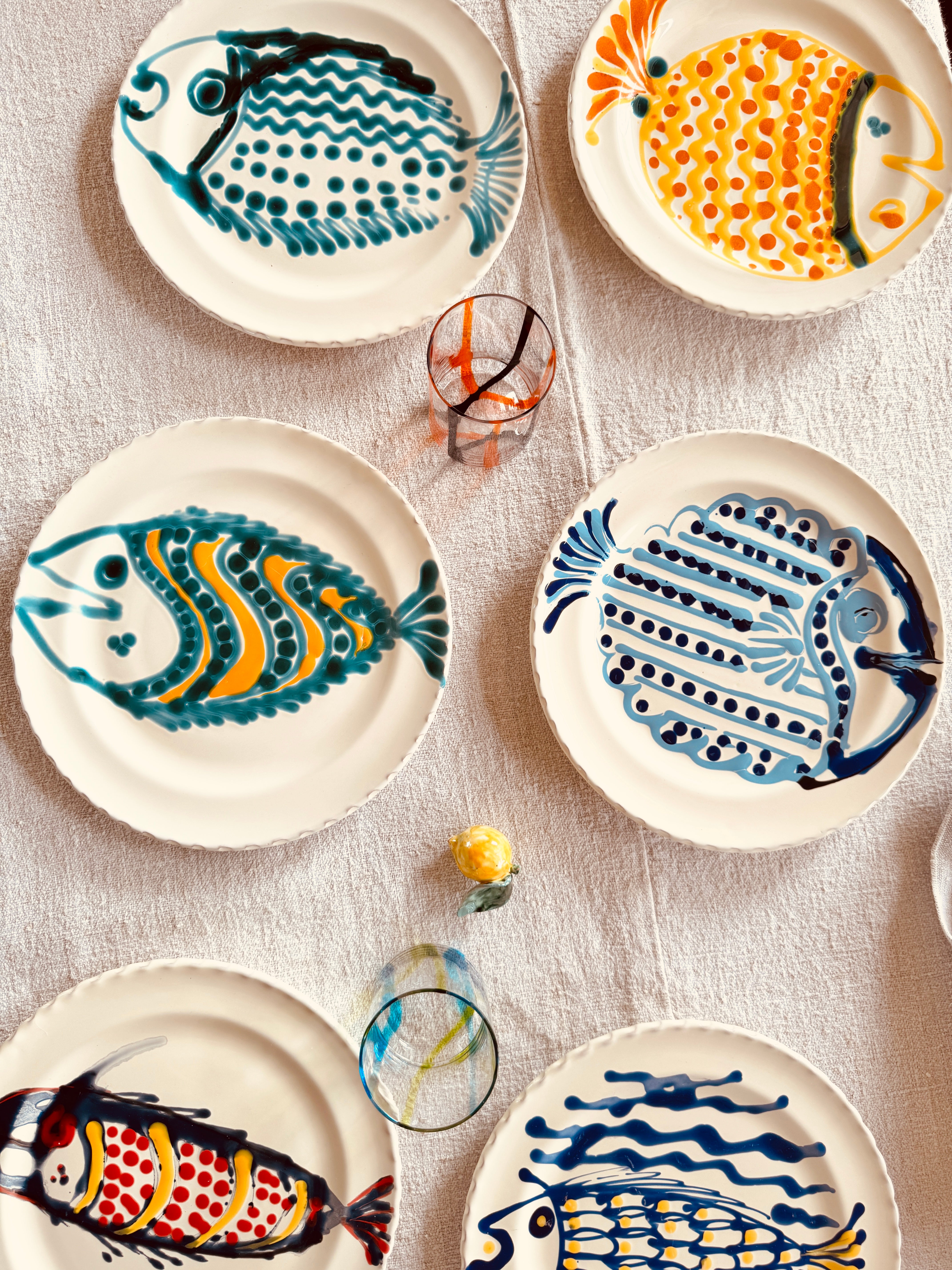 Handgefertigte Dinner Teller 27 cm | 6er Set "Pesce Mix" (Unikat Set)