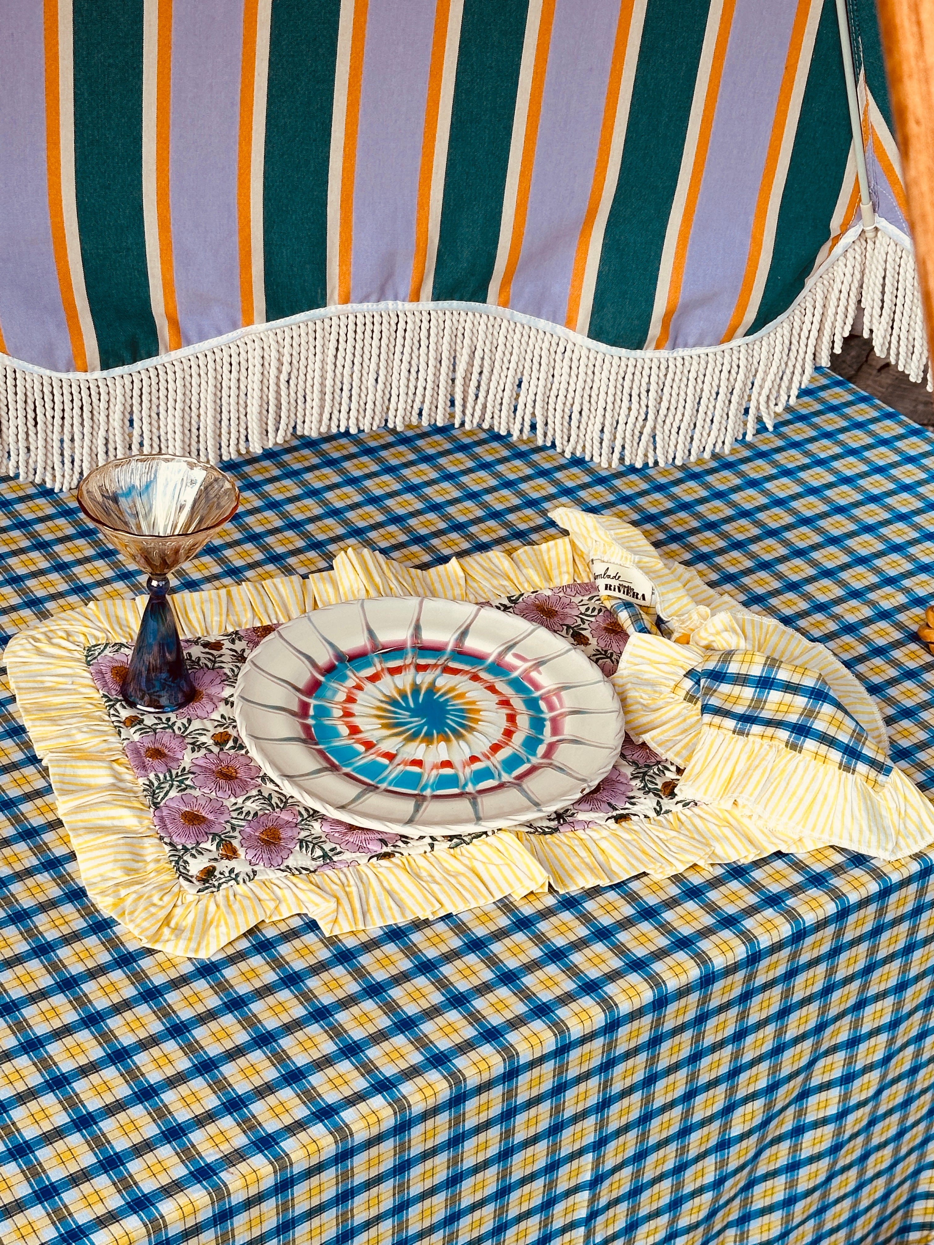 Platzset aus Baumwolle "Fuxia Flower with yellow Stripes"