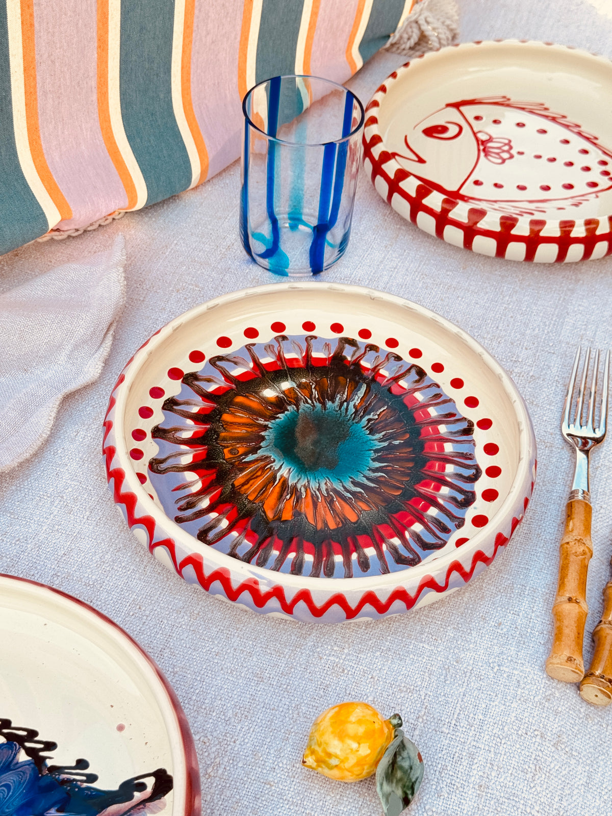 Italian Ceramic Pasta Plate 25cm | Handbemaltes Psychodelic Design UNIKAT