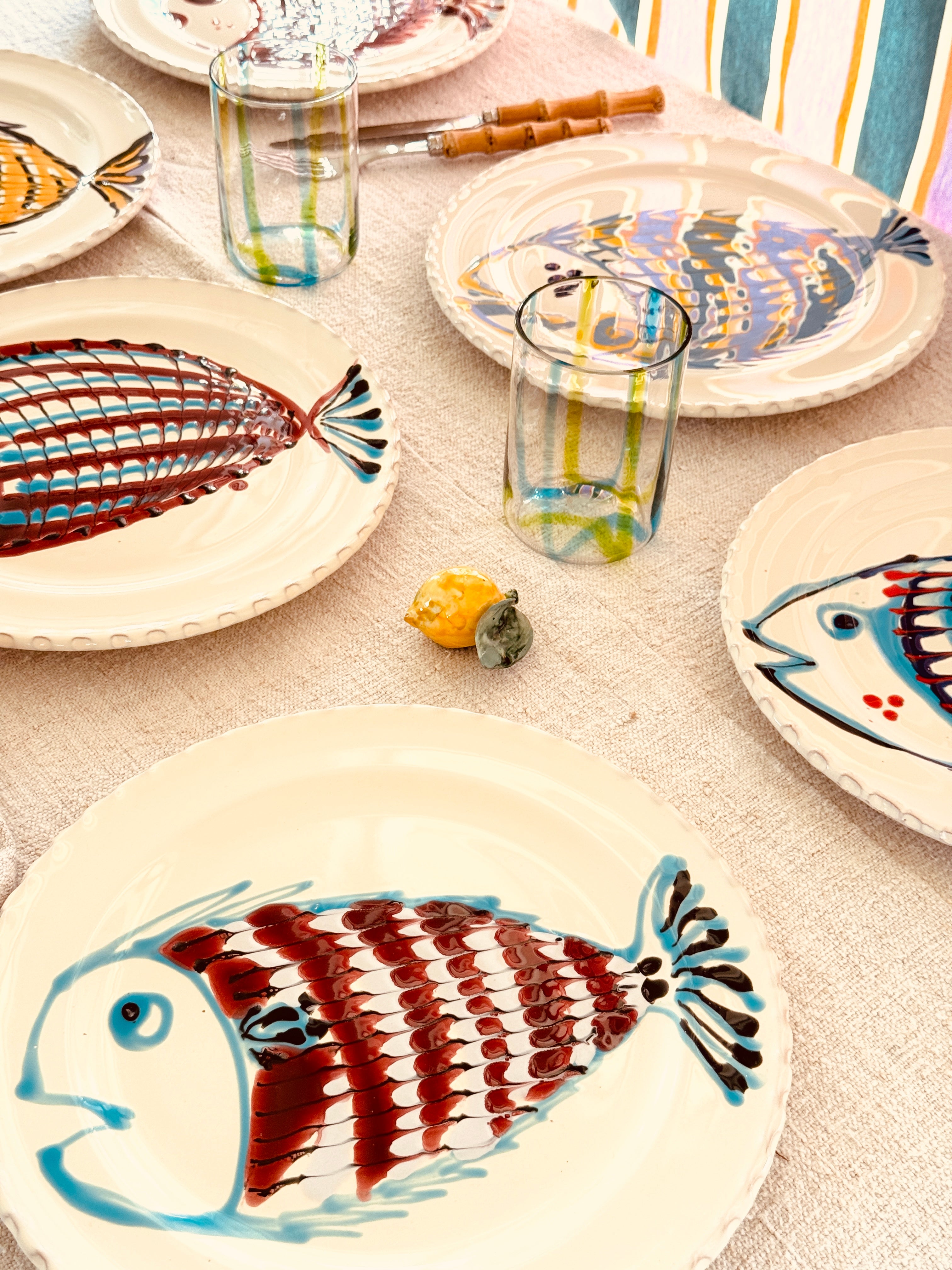 Handgefertigte Dinner Teller 27 cm | 6er Set "Pesce Mix" (Unikat Set)