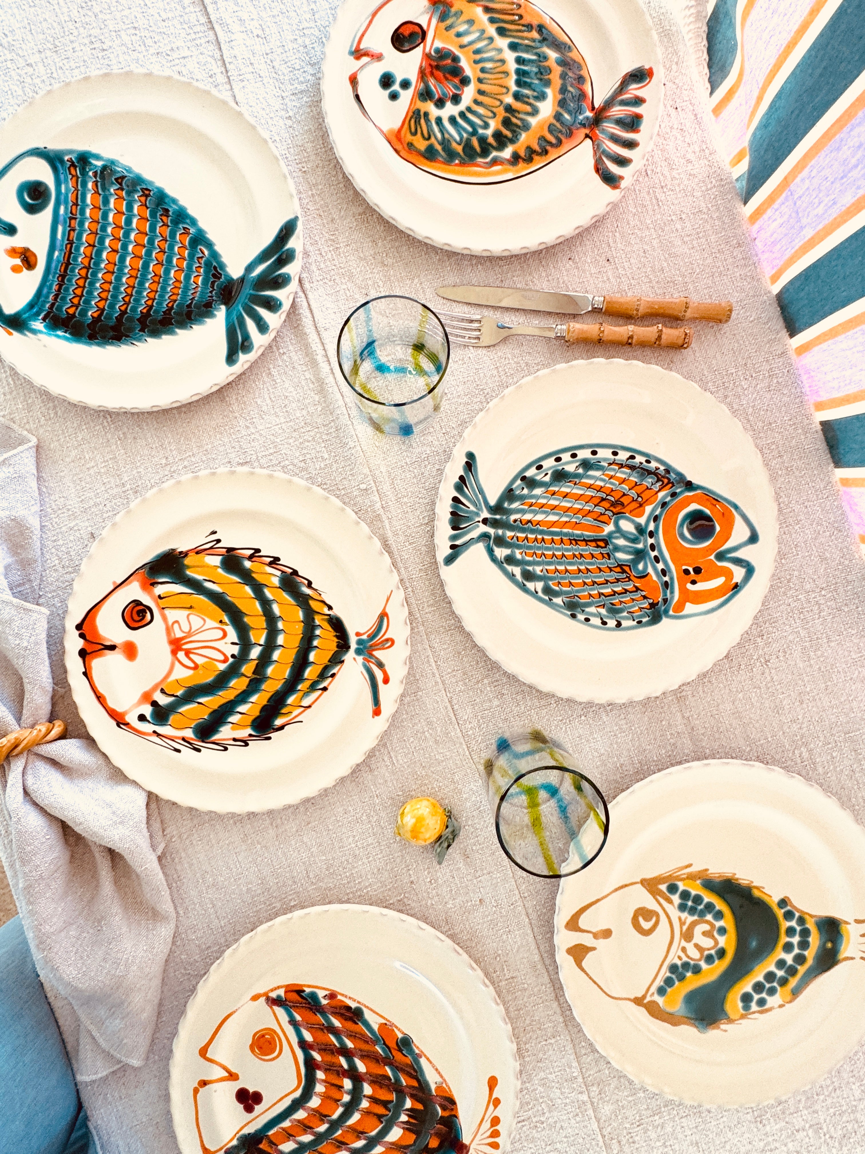 Handgefertigte Dinner Teller 27 cm | 6er Set "Pesce Mix" (Unikat Set)
