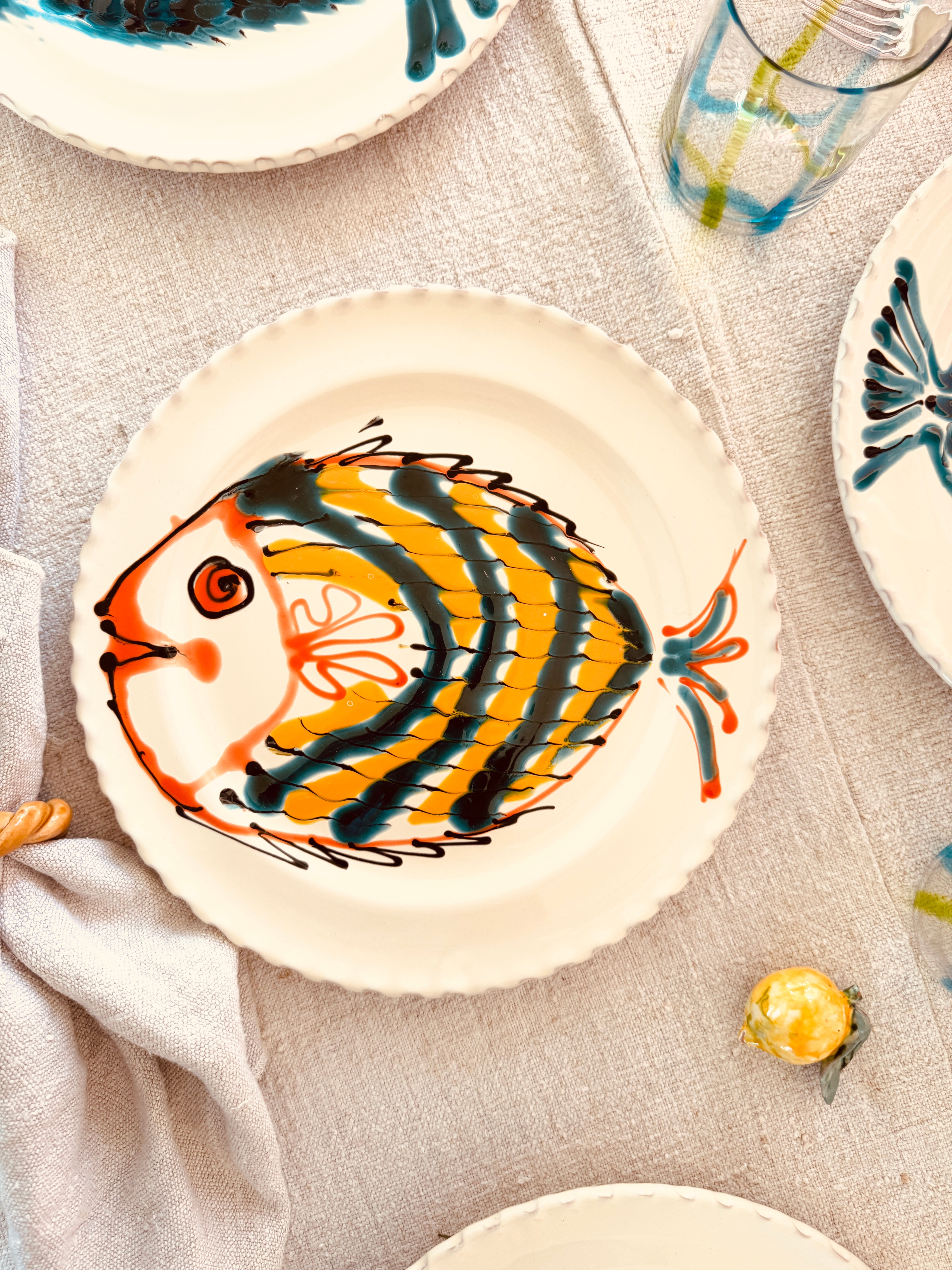 Handgefertigte Dinner Teller 27 cm | 6er Set "Pesce Mix" (Unikat Set)