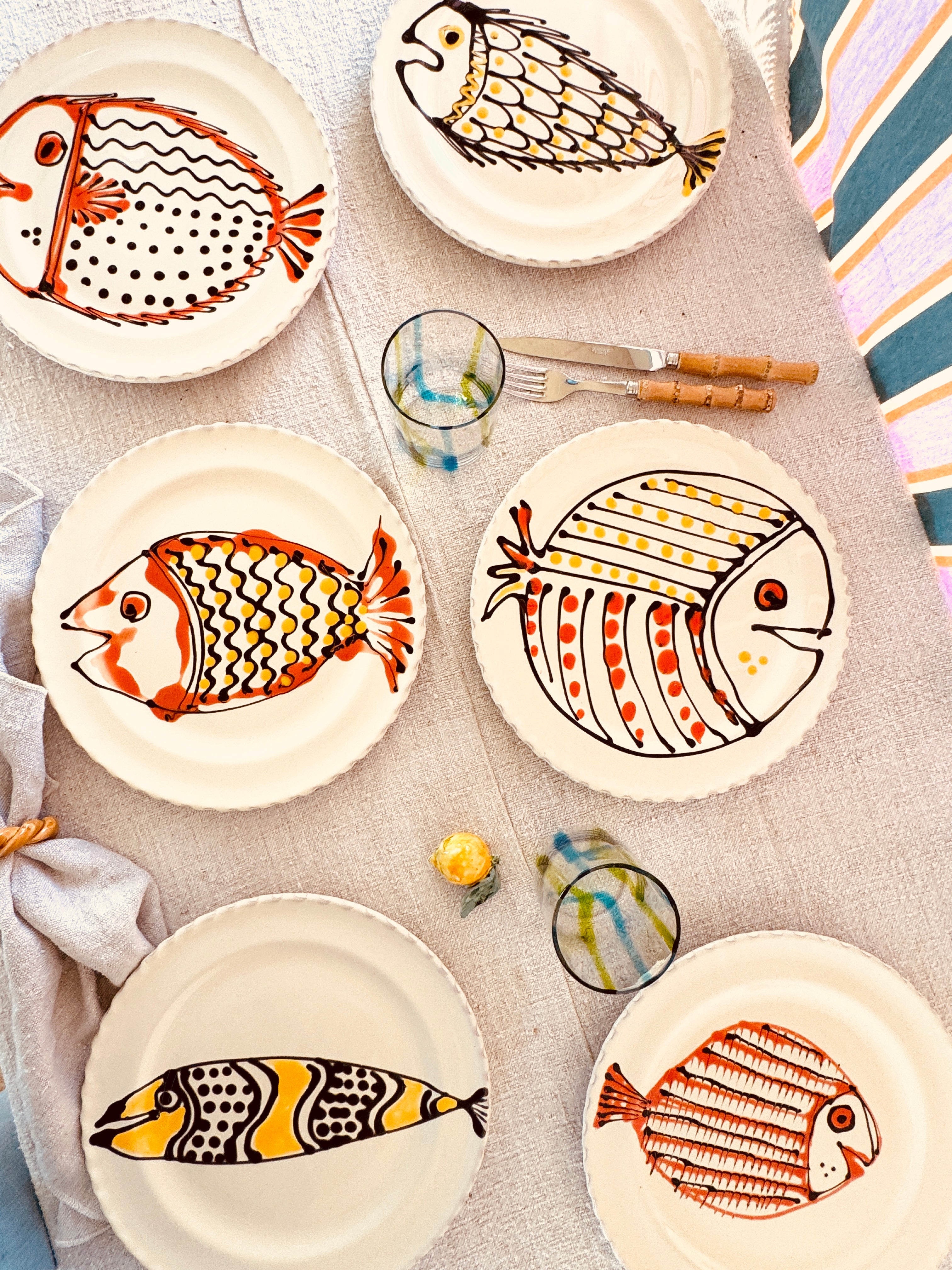 Handgefertigte Dinner Teller 27 cm | 6er Set "Pesce Mix" (Unikat Set)