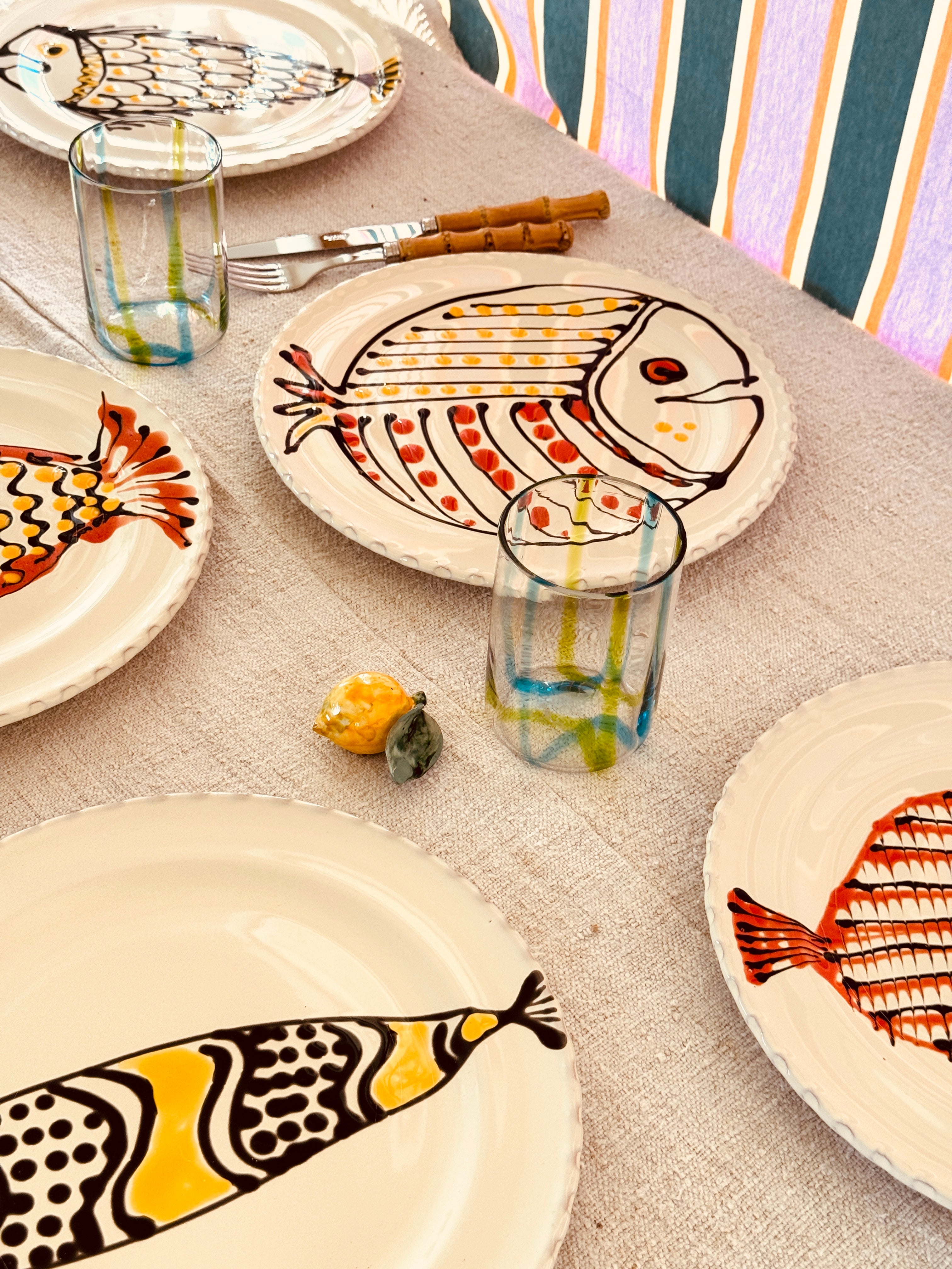 Handgefertigte Dinner Teller 27 cm | 6er Set "Pesce Mix" (Unikat Set)