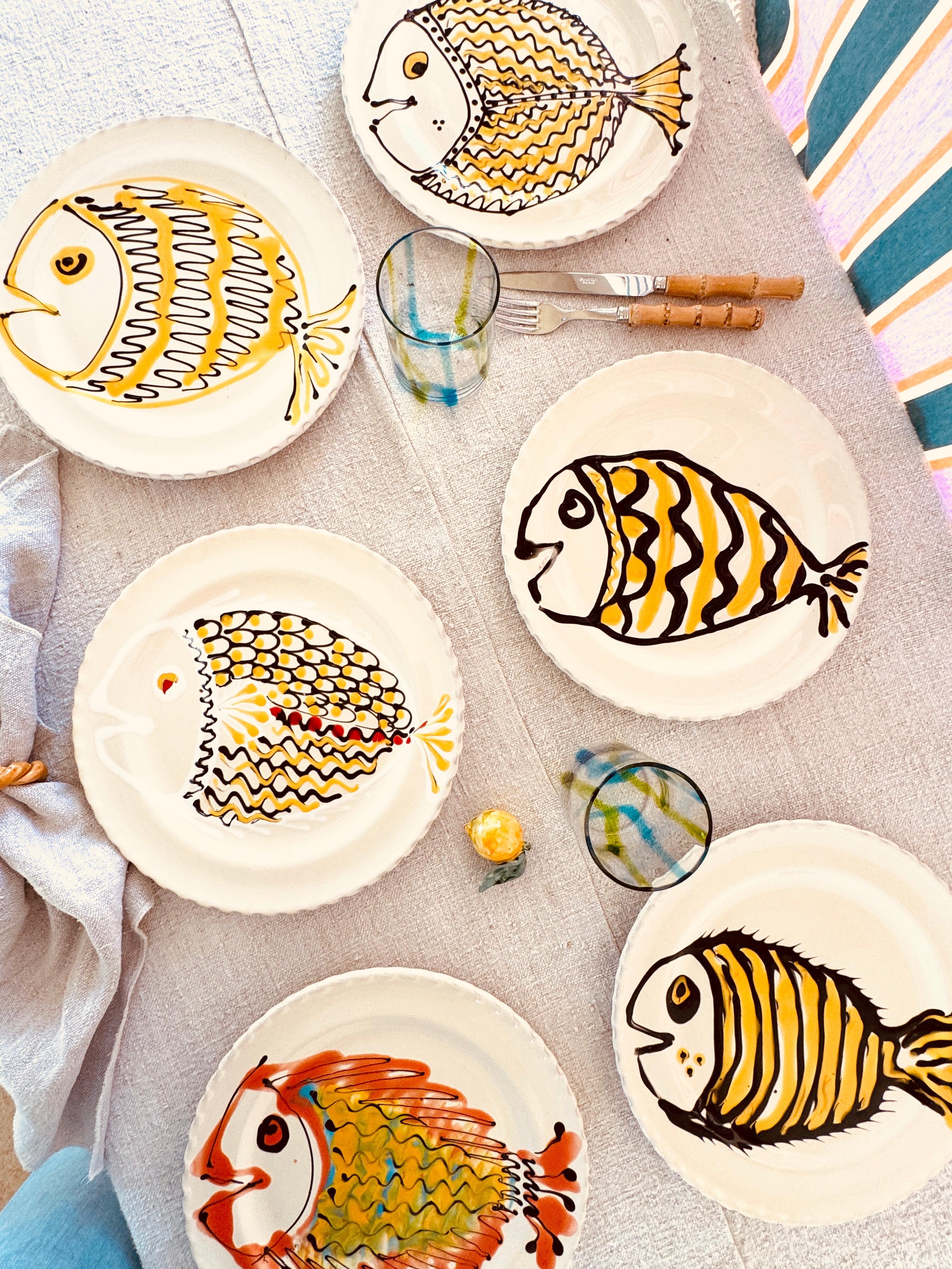 Handgefertigte Dinner Teller 27 cm | 6er Set "Pesce Mix" (Unikat Set)