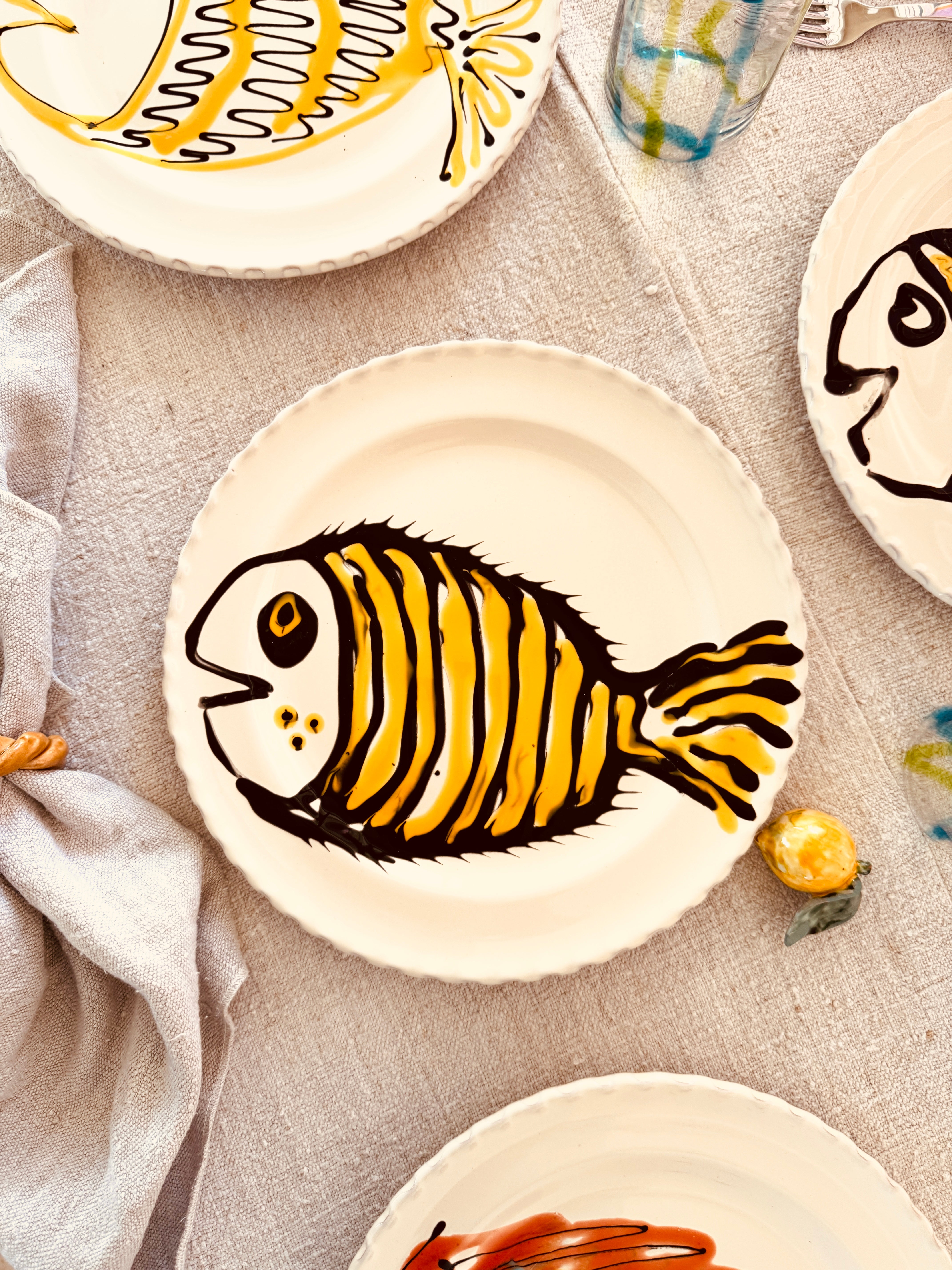 Handgefertigte Dinner Teller 27 cm | 6er Set "Pesce Mix" (Unikat Set)