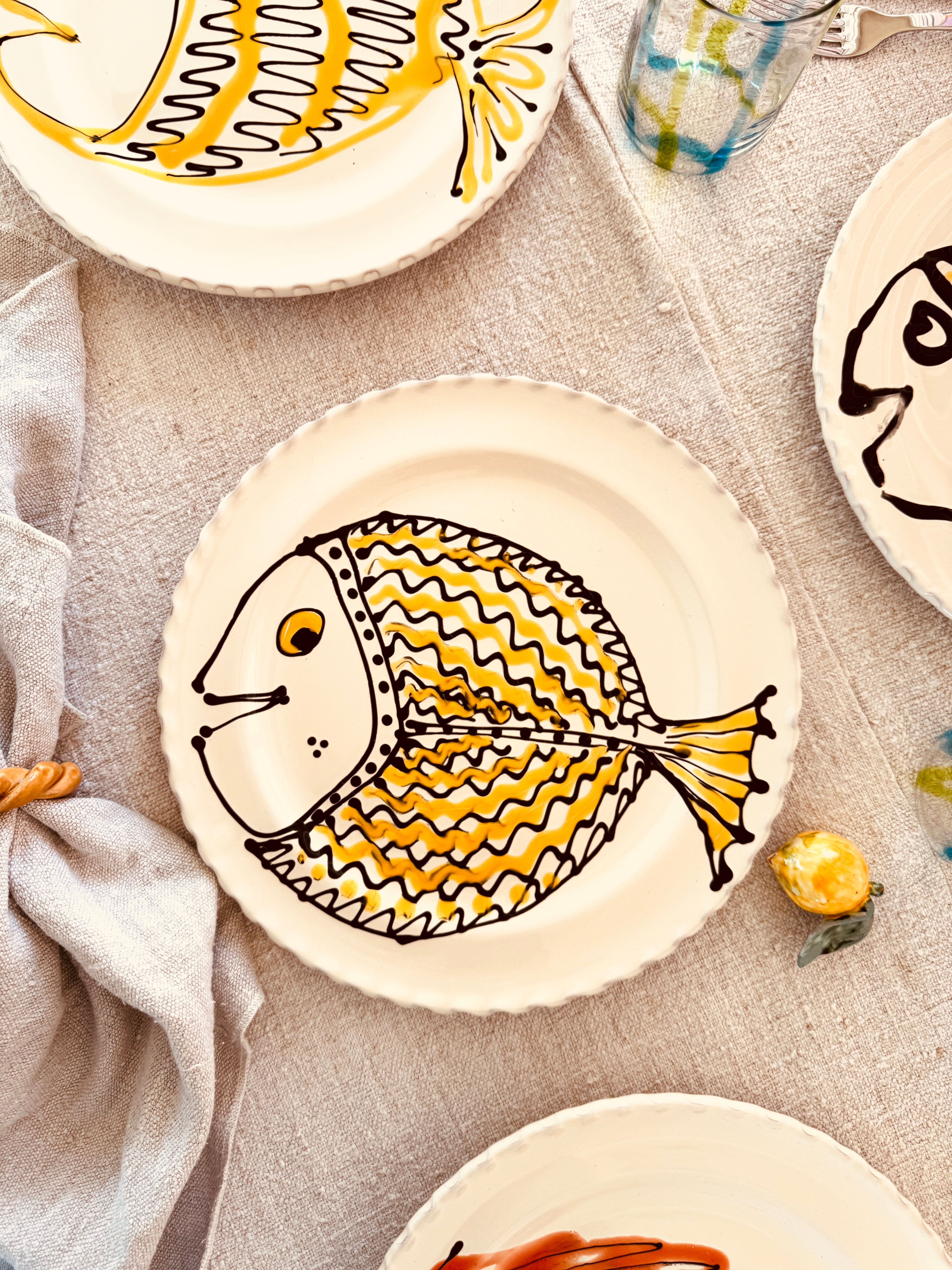 Handgefertigte Dinner Teller 27 cm | 6er Set "Pesce Mix" (Unikat Set)