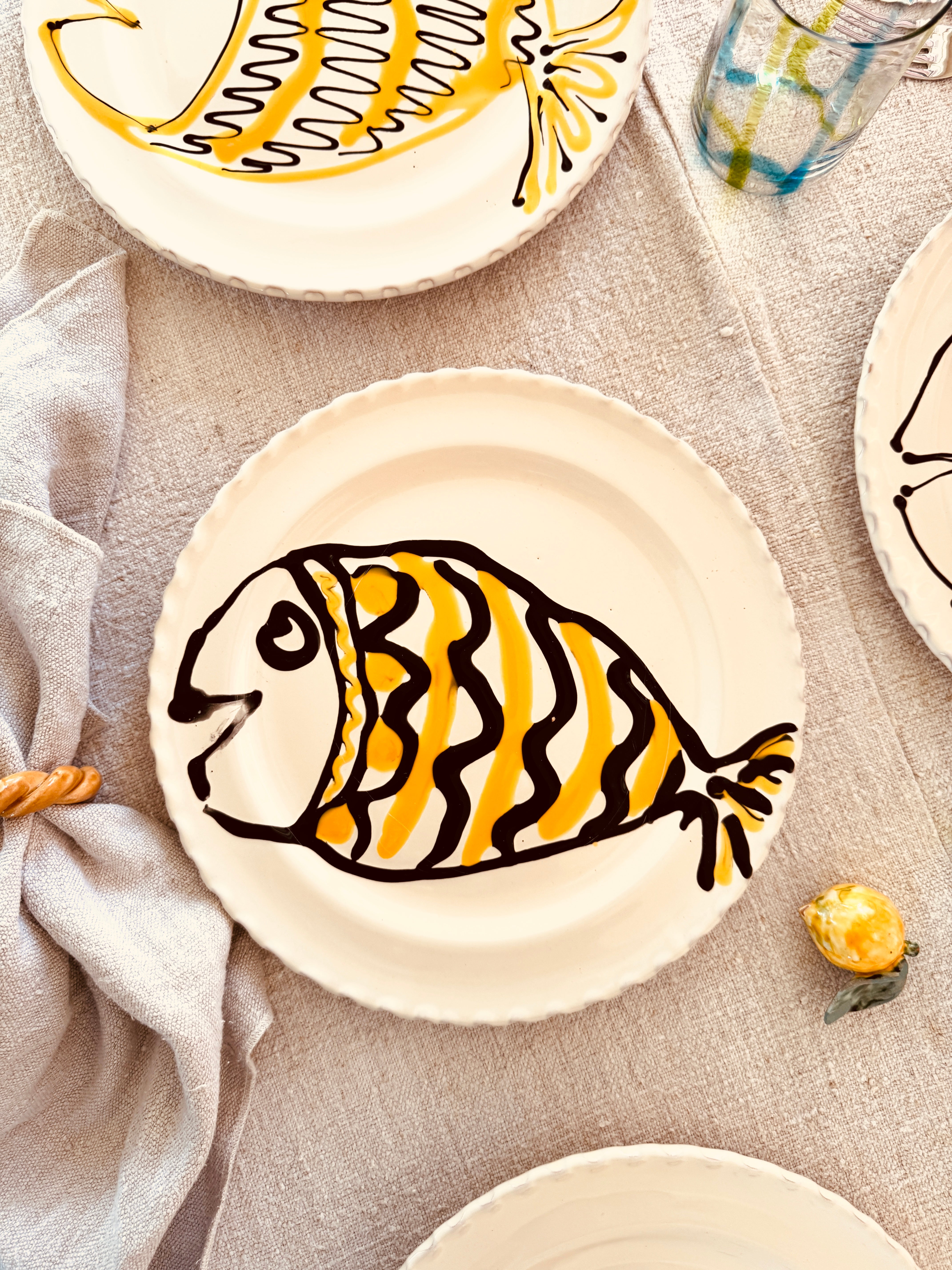 Handgefertigte Dinner Teller 27 cm | 6er Set "Pesce Mix" (Unikat Set)