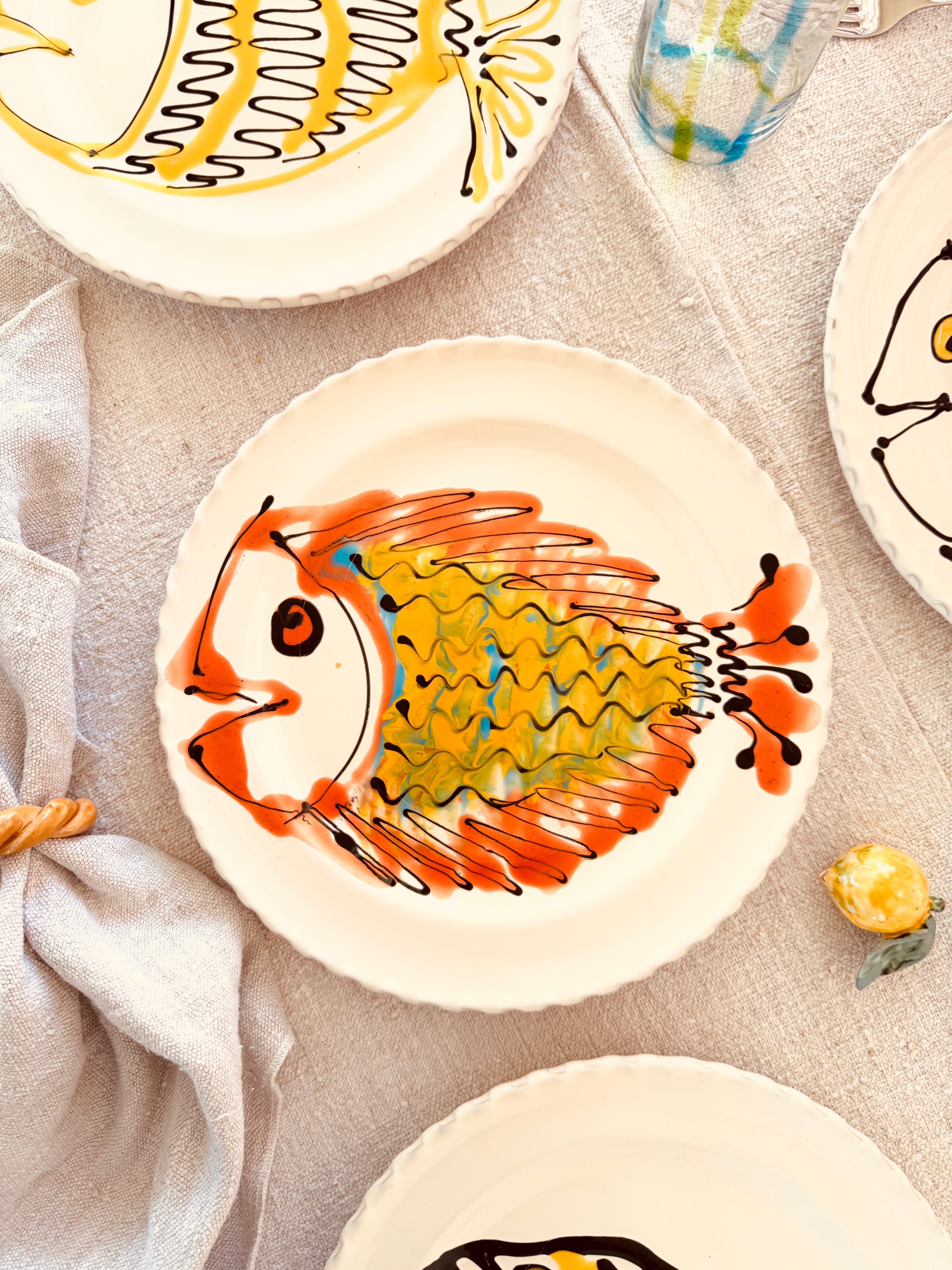 Handgefertigte Dinner Teller 27 cm | 6er Set "Pesce Mix" (Unikat Set)