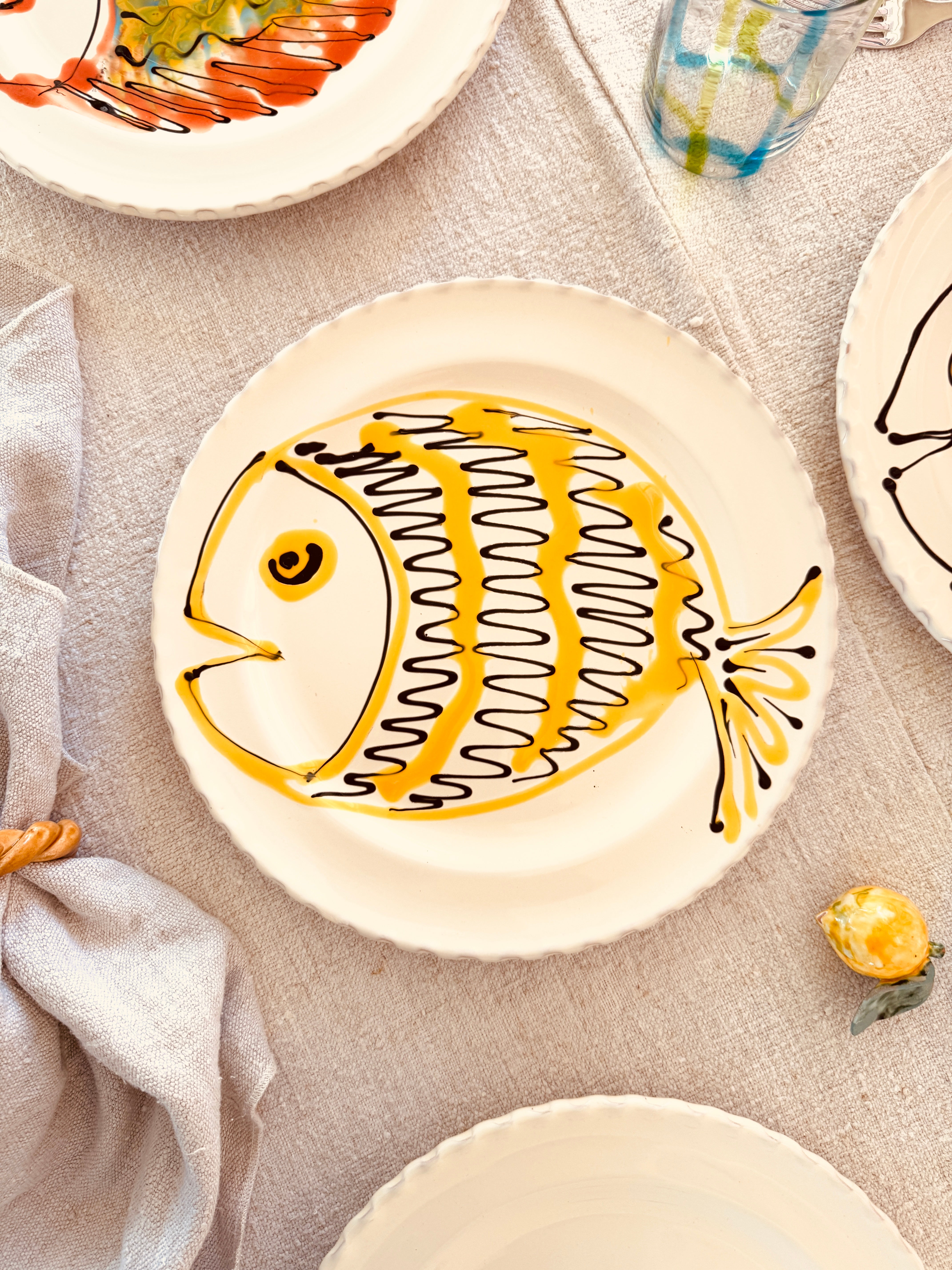 Handgefertigte Dinner Teller 27 cm | 6er Set "Pesce Mix" (Unikat Set)