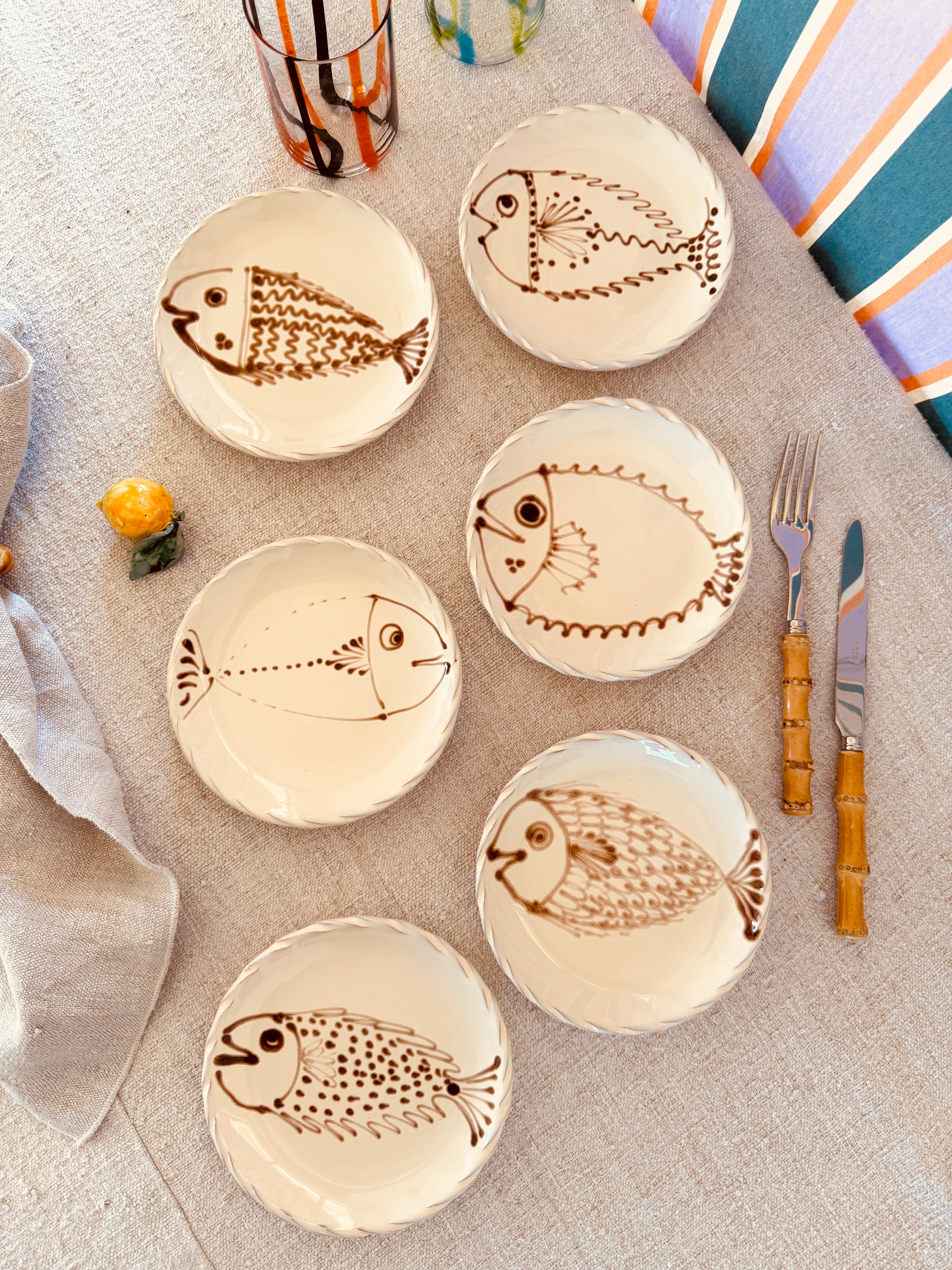 Dessert- & Brotteller 16 cm 6er Set | Handgefertigte Keramik Unikat "Pesce" Mix