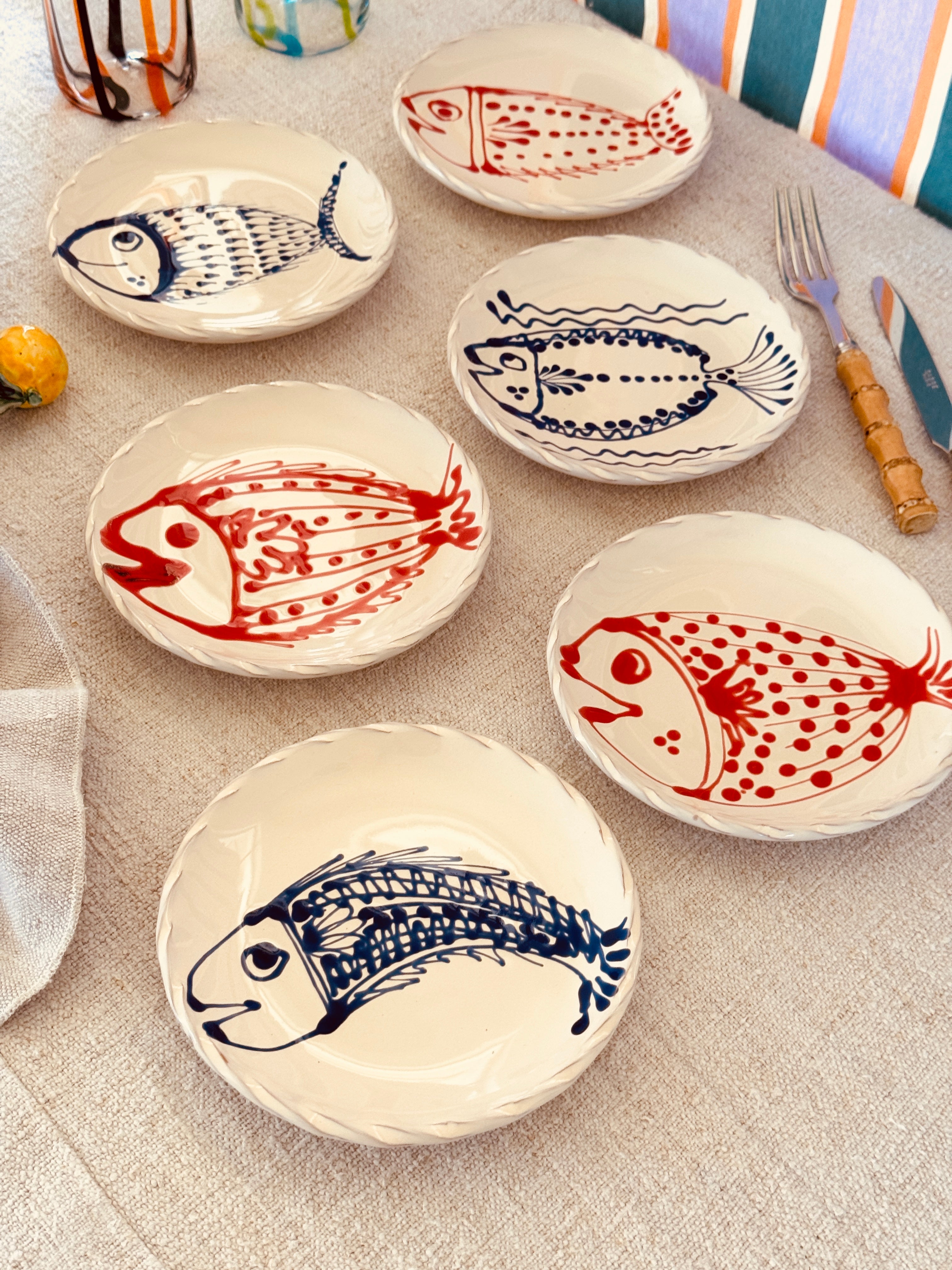 Dessert- & Brotteller 16 cm 6er Set | Handgefertigte Keramik Unikat "Pesce" Mix