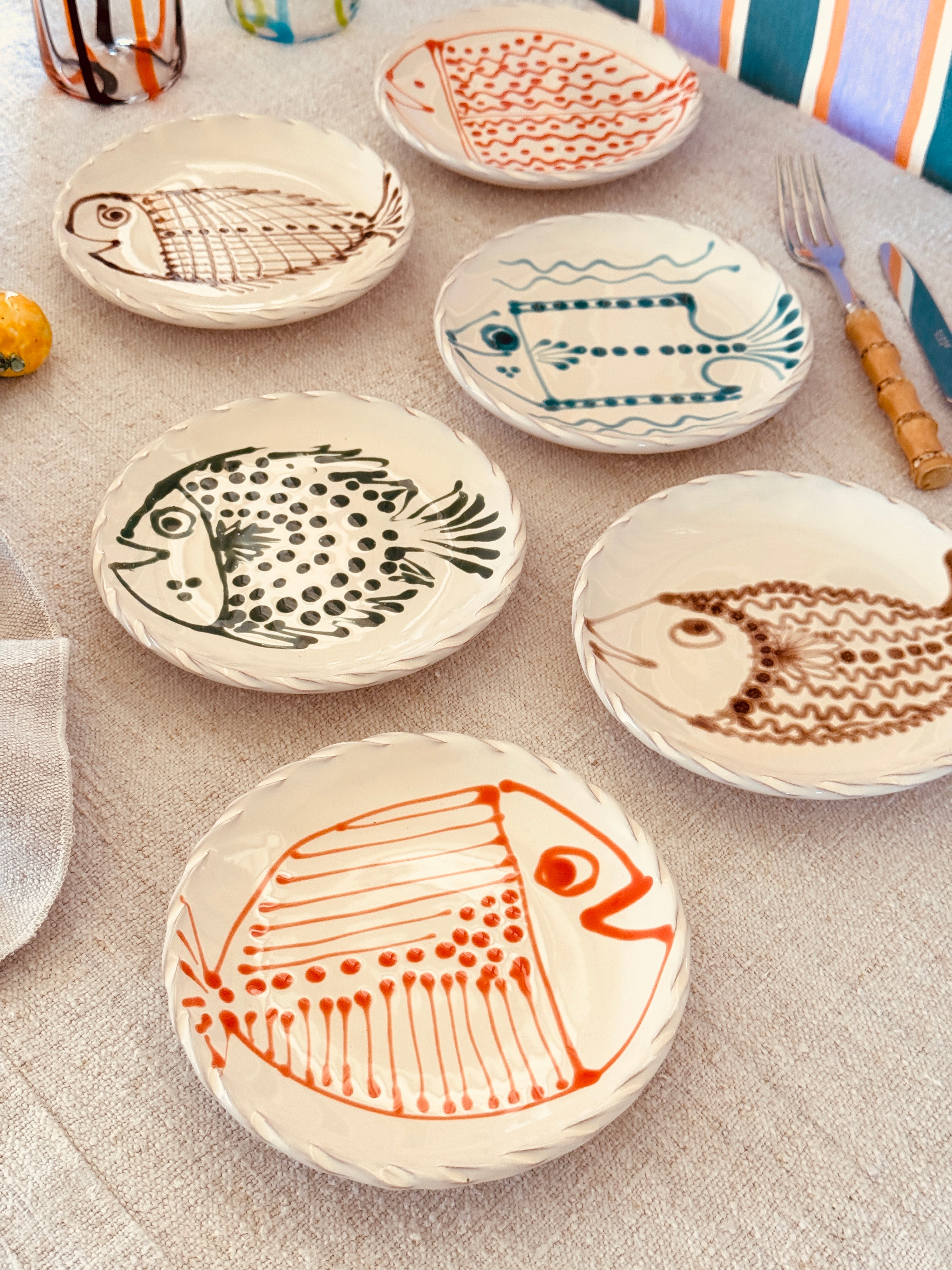 Dessert- & Brotteller 16 cm 6er Set | Handgefertigte Keramik Unikat "Pesce" Mix