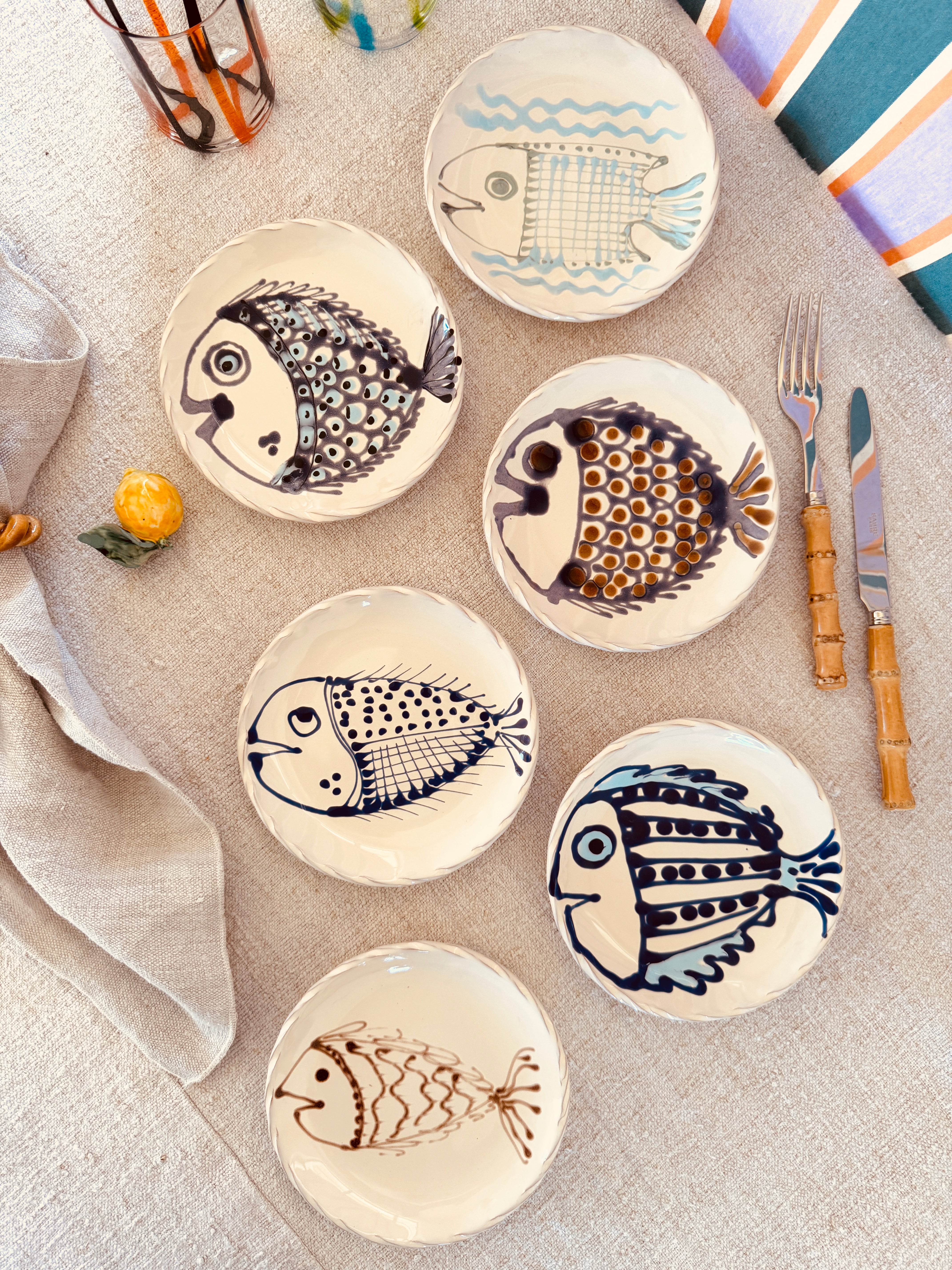 Dessert- & Brotteller 16 cm 6er Set | Handgefertigte Keramik Unikat "Pesce" Mix