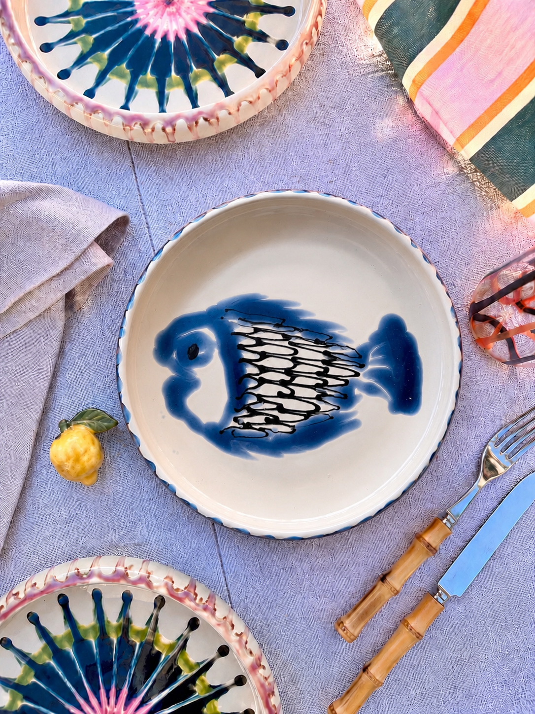 Italian Ceramic Pasta Plate 25cm | Handbemaltes Pesce Design "Unikat"