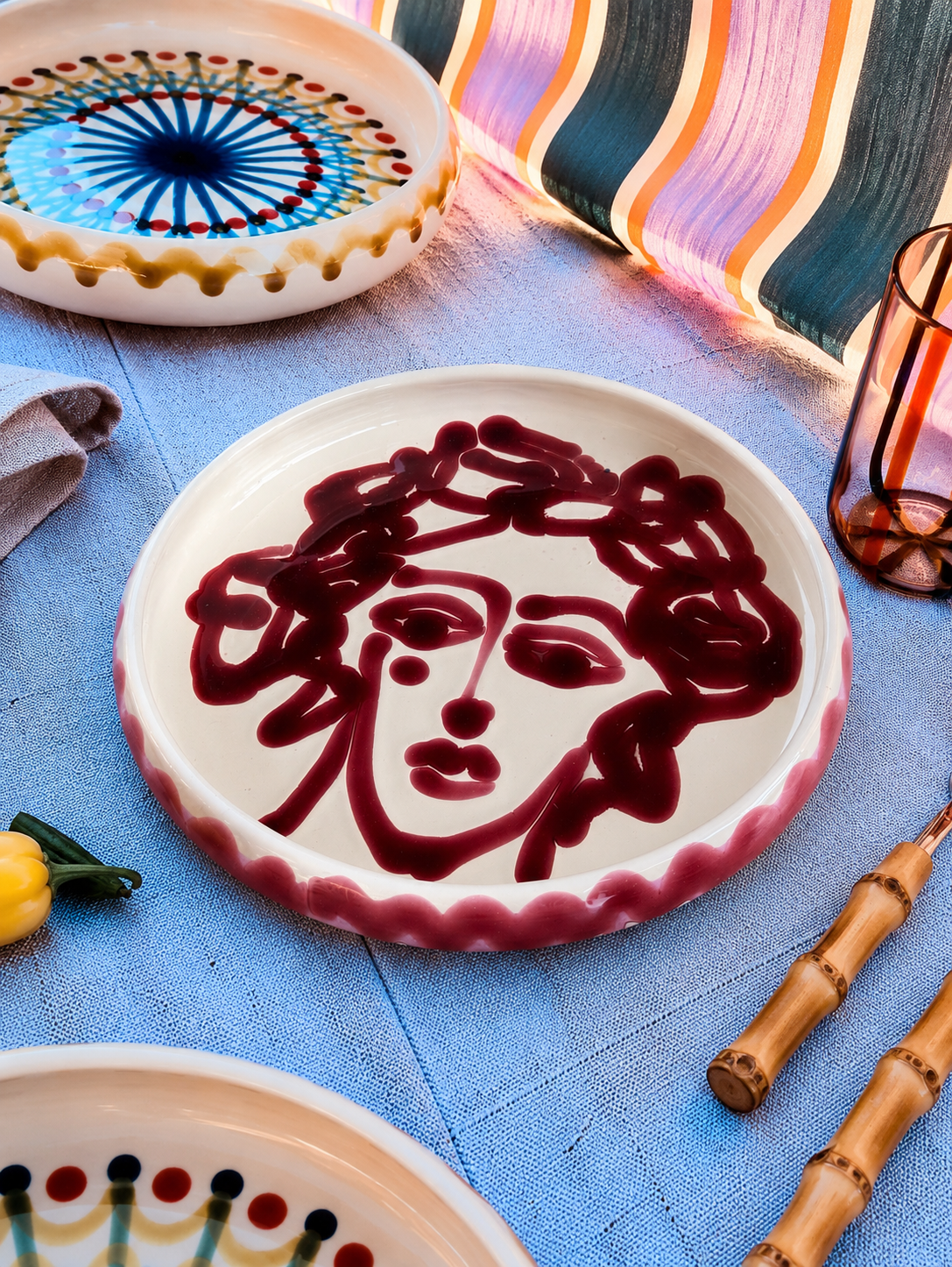 Italian Ceramic Pasta Plate 25cm | Handbemaltes Viso Design "Unikat"