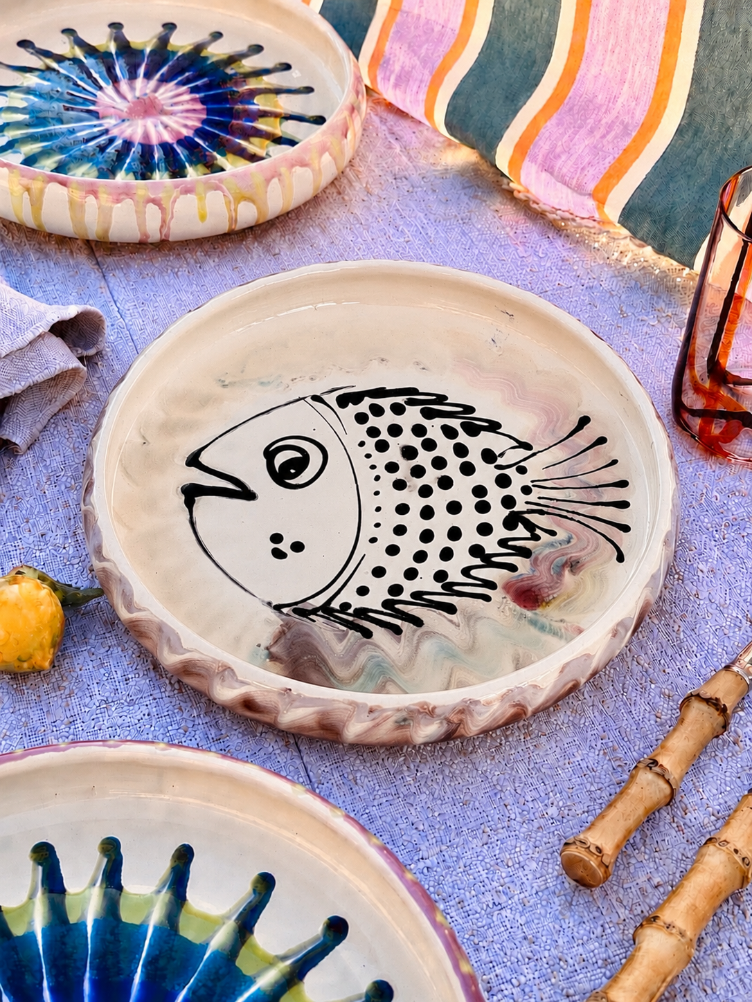 Italian Ceramic Pasta Plate 25cm | Handbemaltes Psychodelic Design "Unikat"