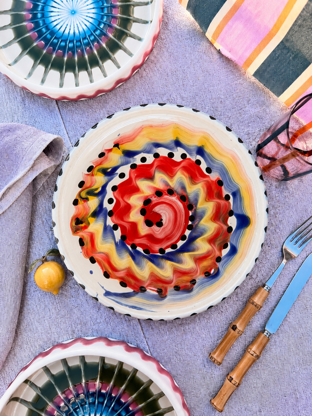 Italian Ceramic Pasta Plate 25cm | Handbemaltes Psychodelic Design "Unikat"