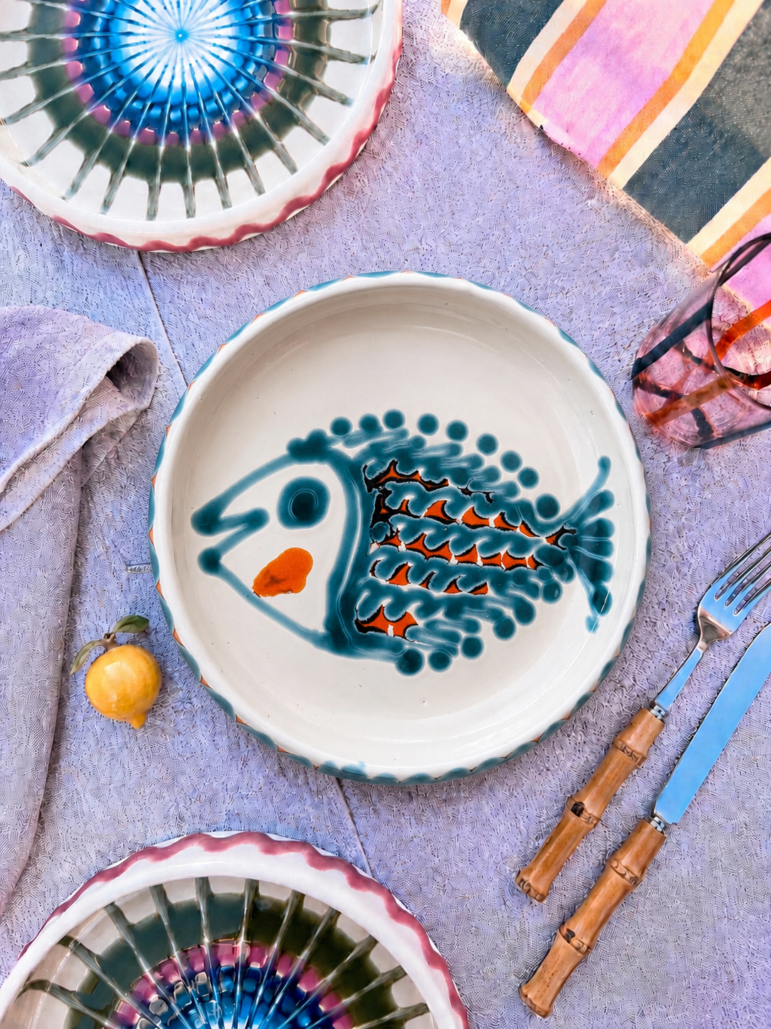 Italian Ceramic Pasta Plate 25cm | Handbemaltes Pesce Design "Unikat"