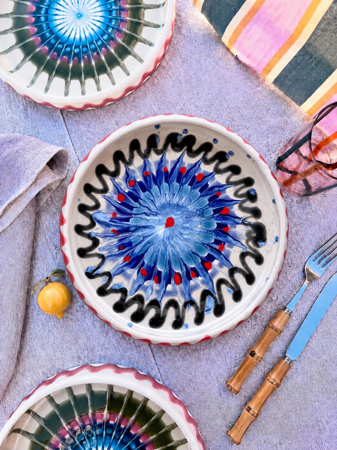 Italian Ceramic Pasta Plate 25cm | Handbemaltes Psychodelic Design "Unikat"