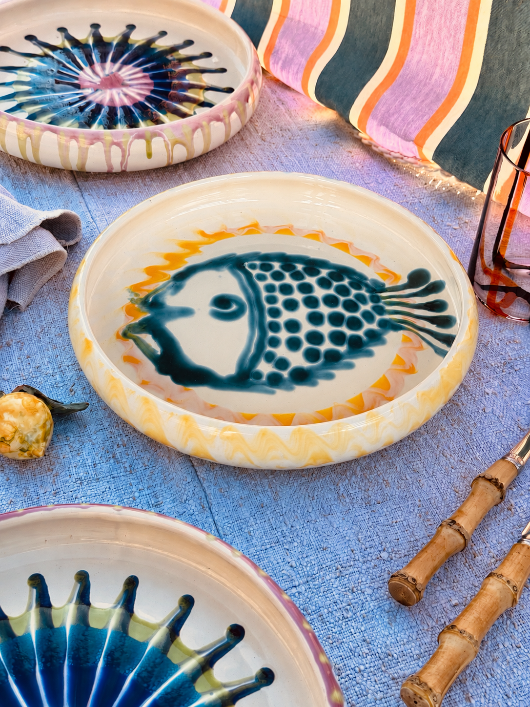 Italian Ceramic Pasta Plate 25cm | Handbemaltes Pesce Design "Unikat"