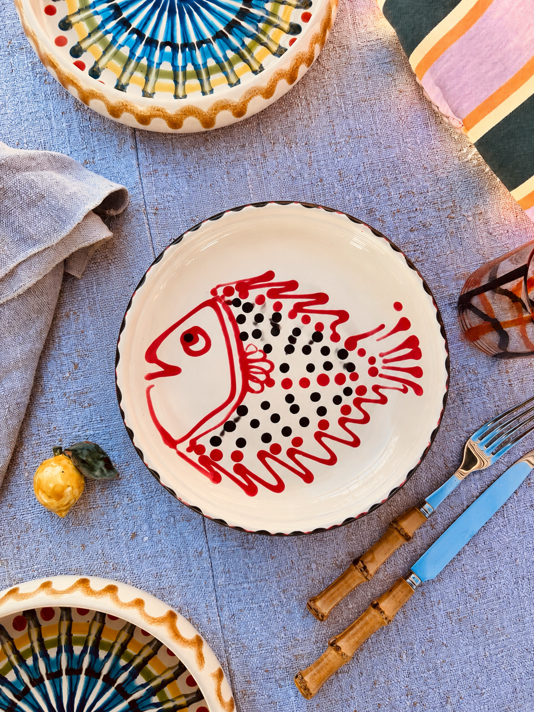 Italian Ceramic Pasta Plate 25cm | Handbemaltes Pesce Design "Unikat"