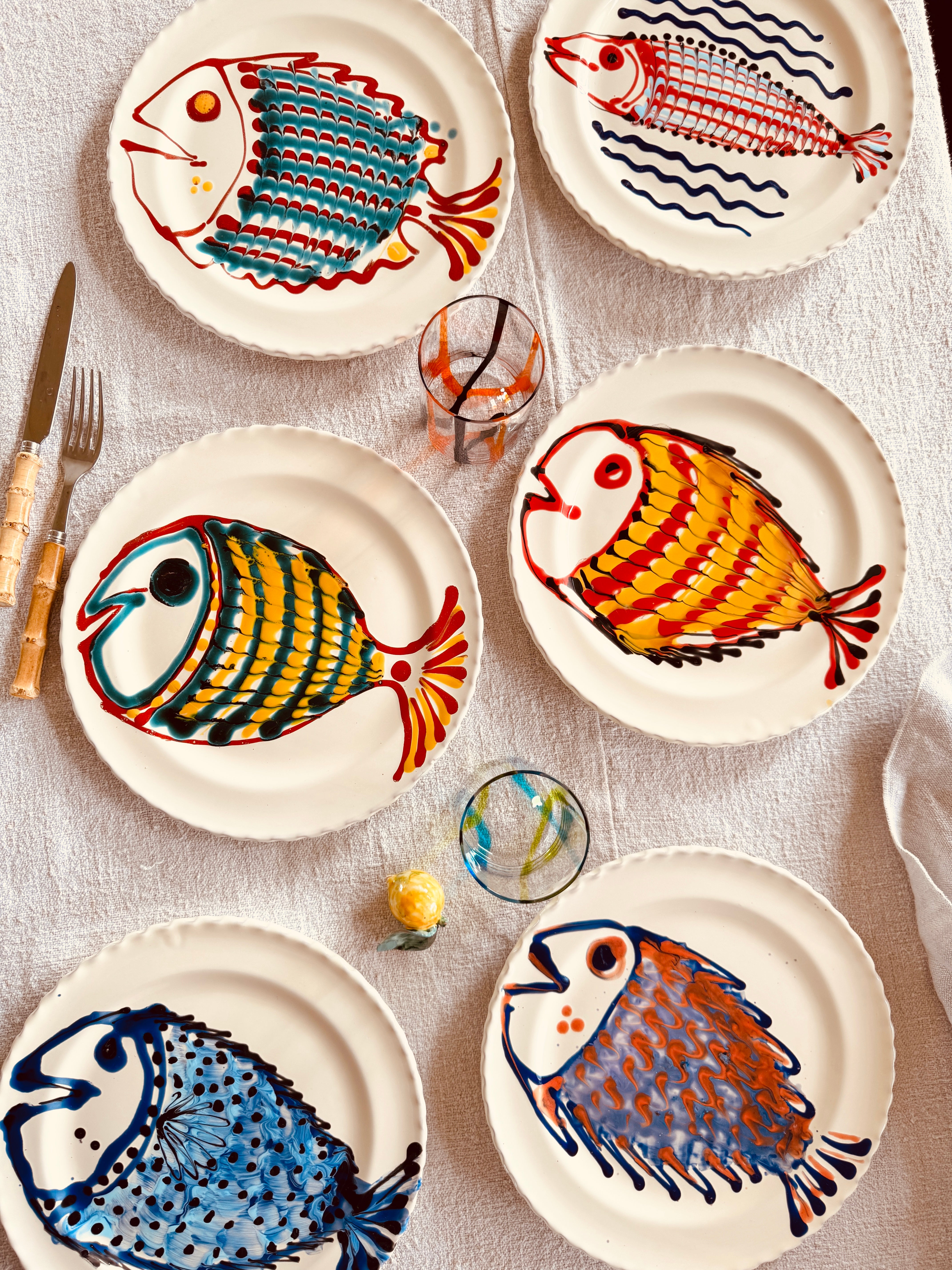 Handgefertigte Dinner Teller 27 cm | 6er Set "Pesce Mix" (Unikat Set)