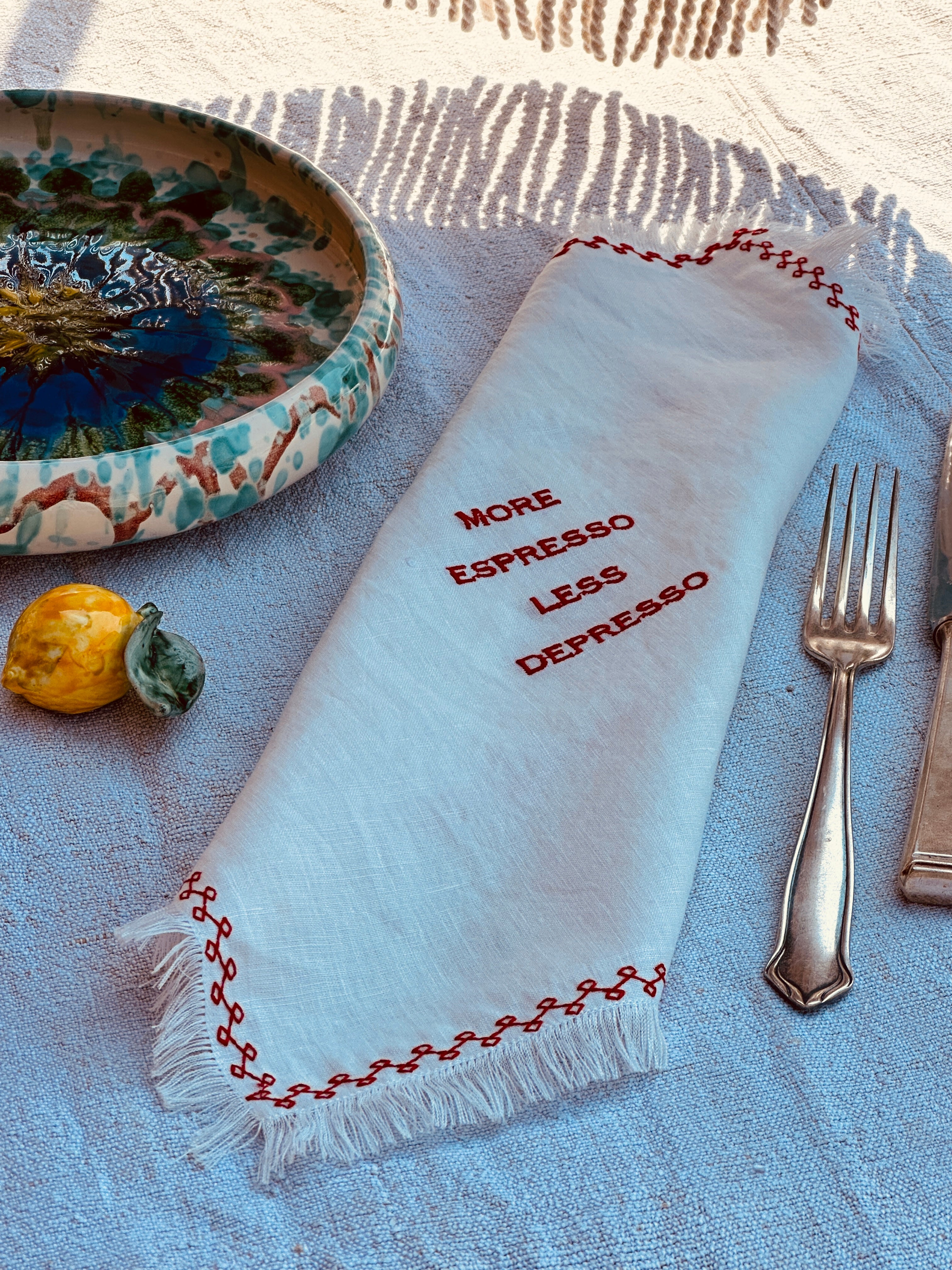 Light Linen Napkin "More Esspresso less Depresso"