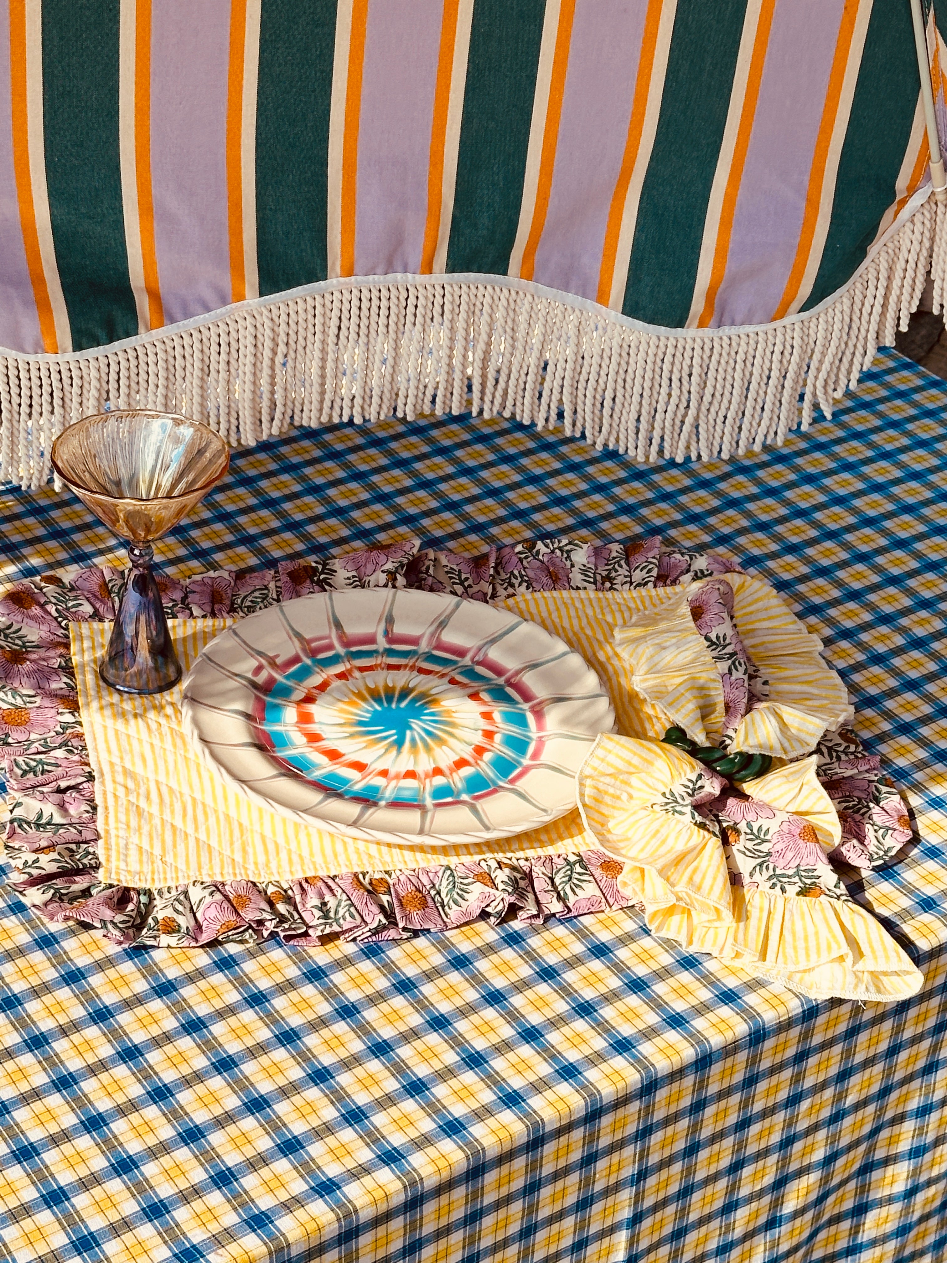 Cotton Placemat "Yellow Stripes with Roses"