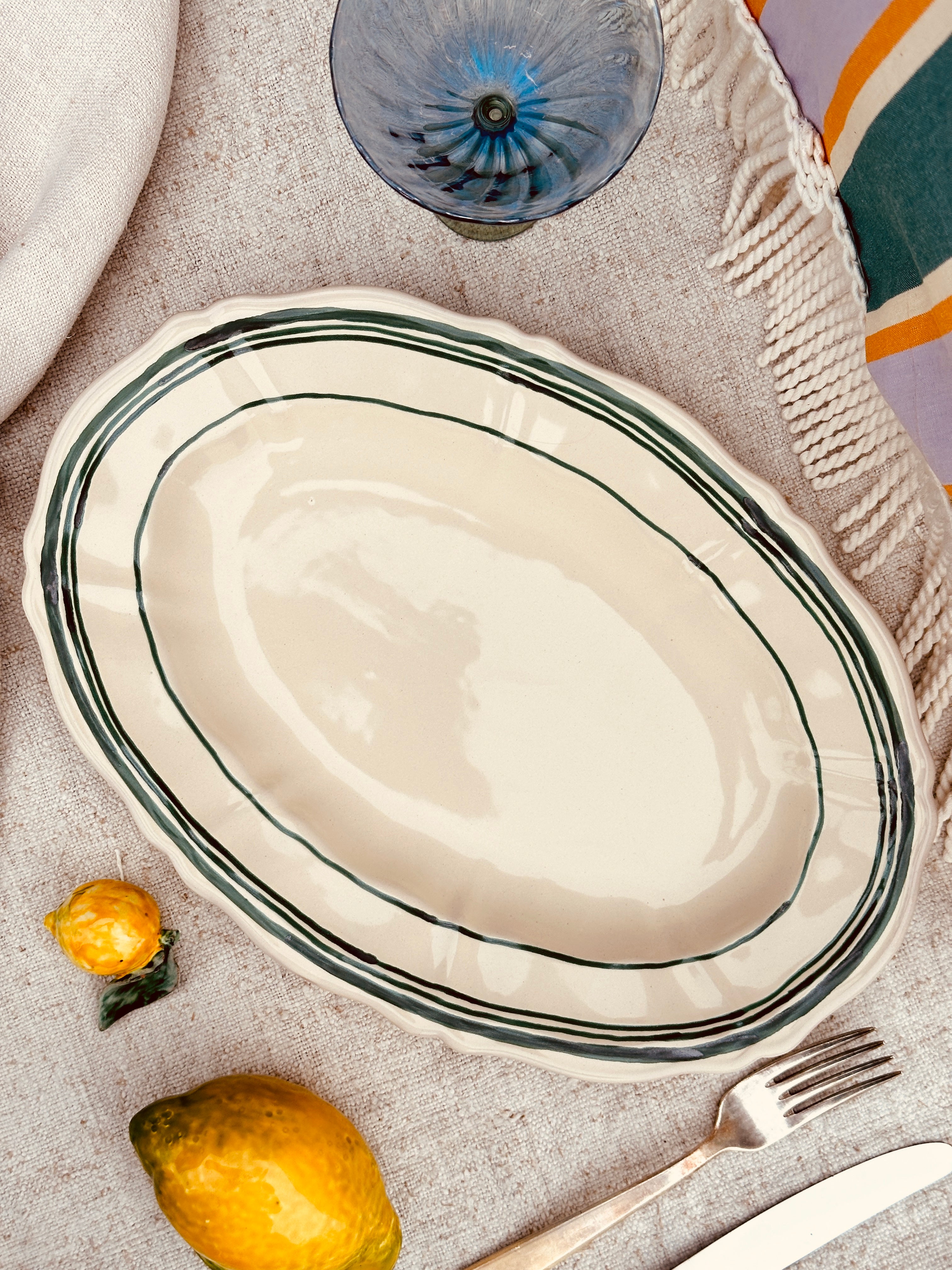 Uni Oval Serving Plate Baccellato  - Colour Base Avorio / Verde "The Riviera Basic Collection" - 35 cm