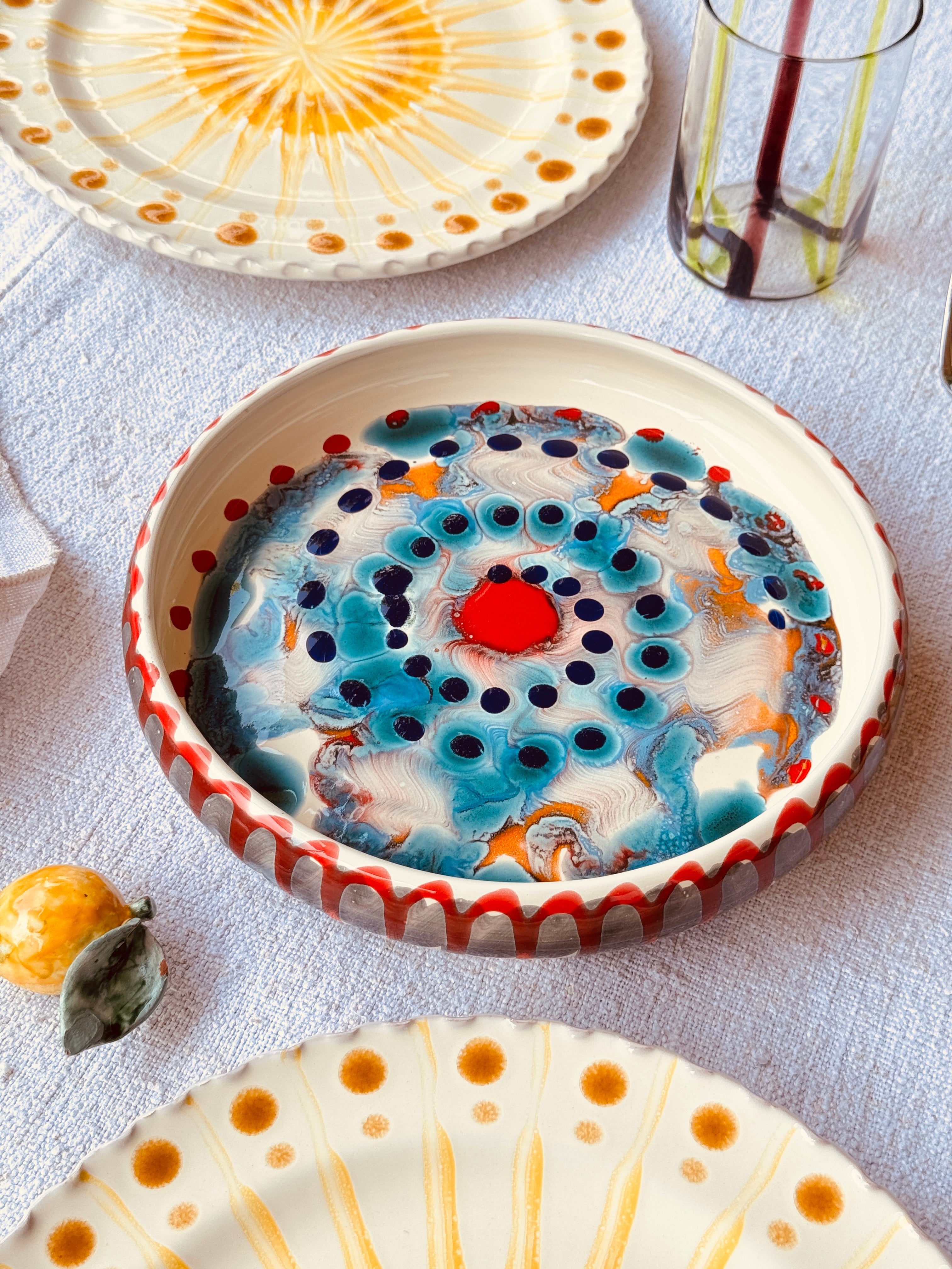 Italian Ceramic Pasta Plate 25cm | Handbemaltes Psychodelic Design "Unikat"
