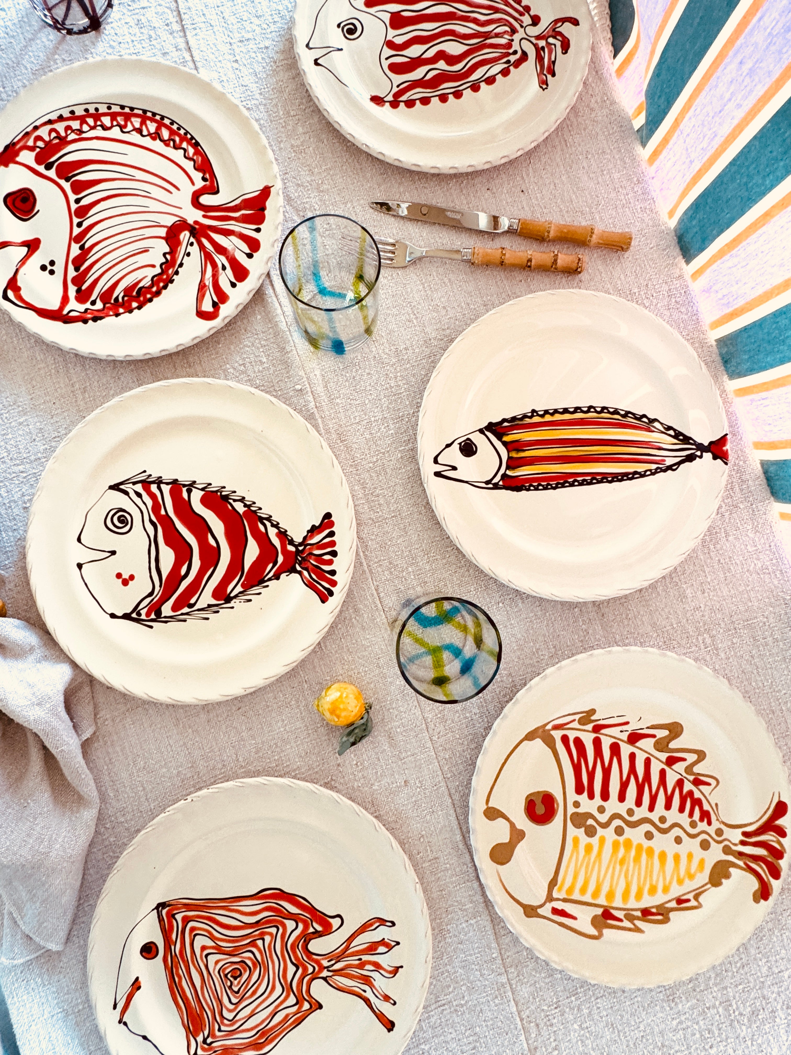 Handgefertigte Dinner Teller 27 cm | 6er Set "Pesce Mix" (Unikat Set)