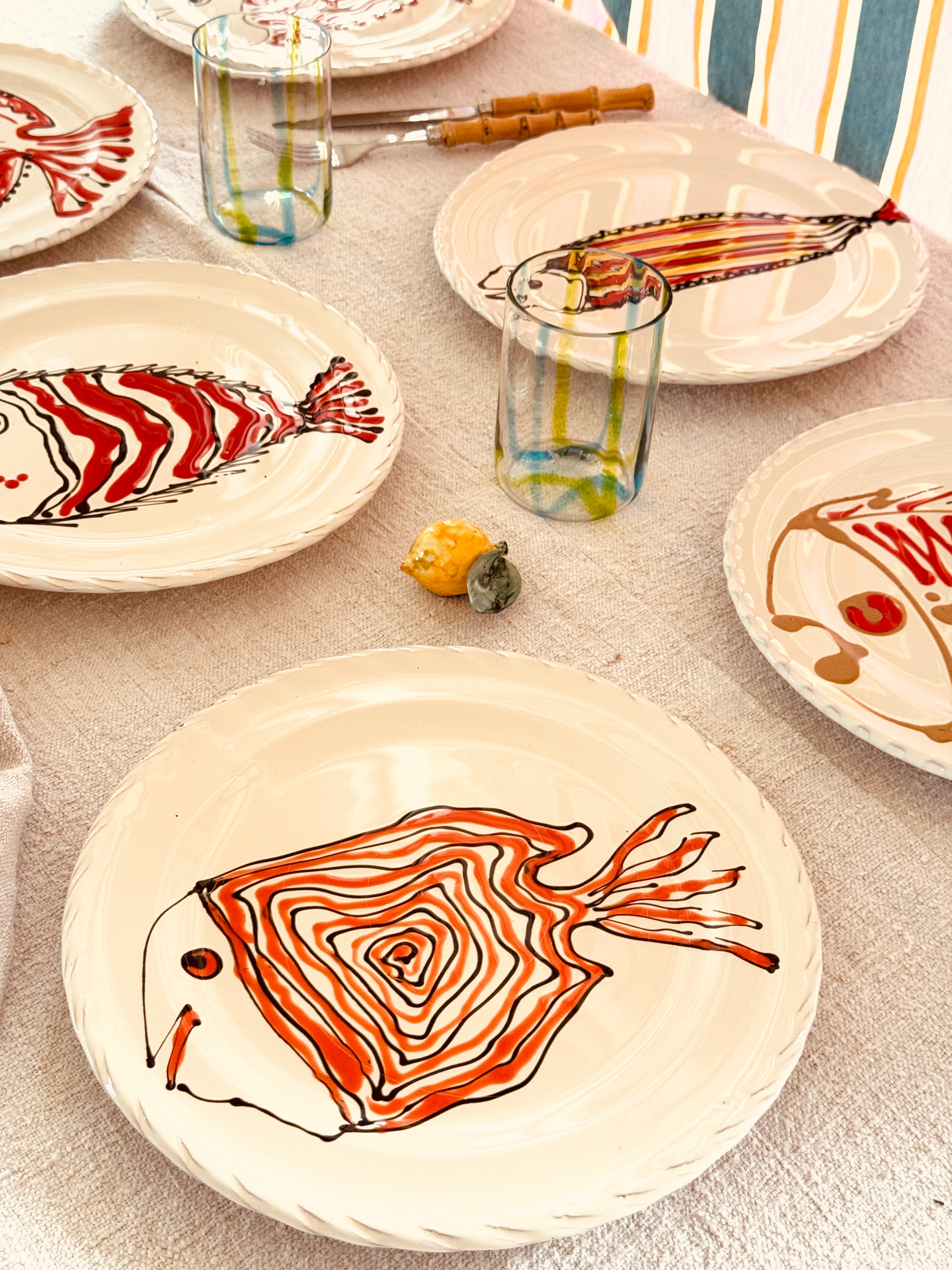 Handgefertigte Dinner Teller 27 cm | 6er Set "Pesce Mix" (Unikat Set)