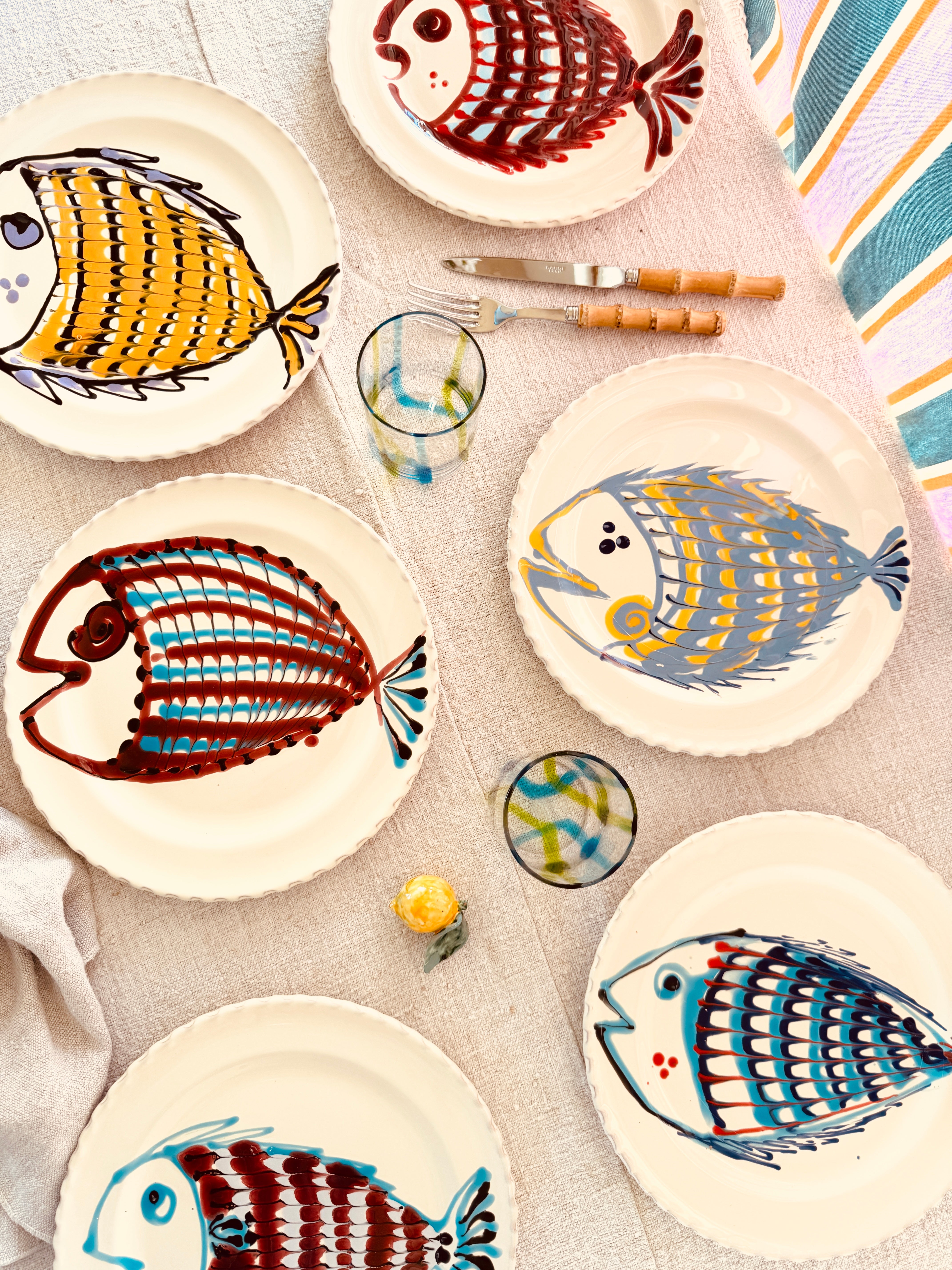 Handgefertigte Dinner Teller 27 cm | 6er Set "Pesce Mix" (Unikat Set)