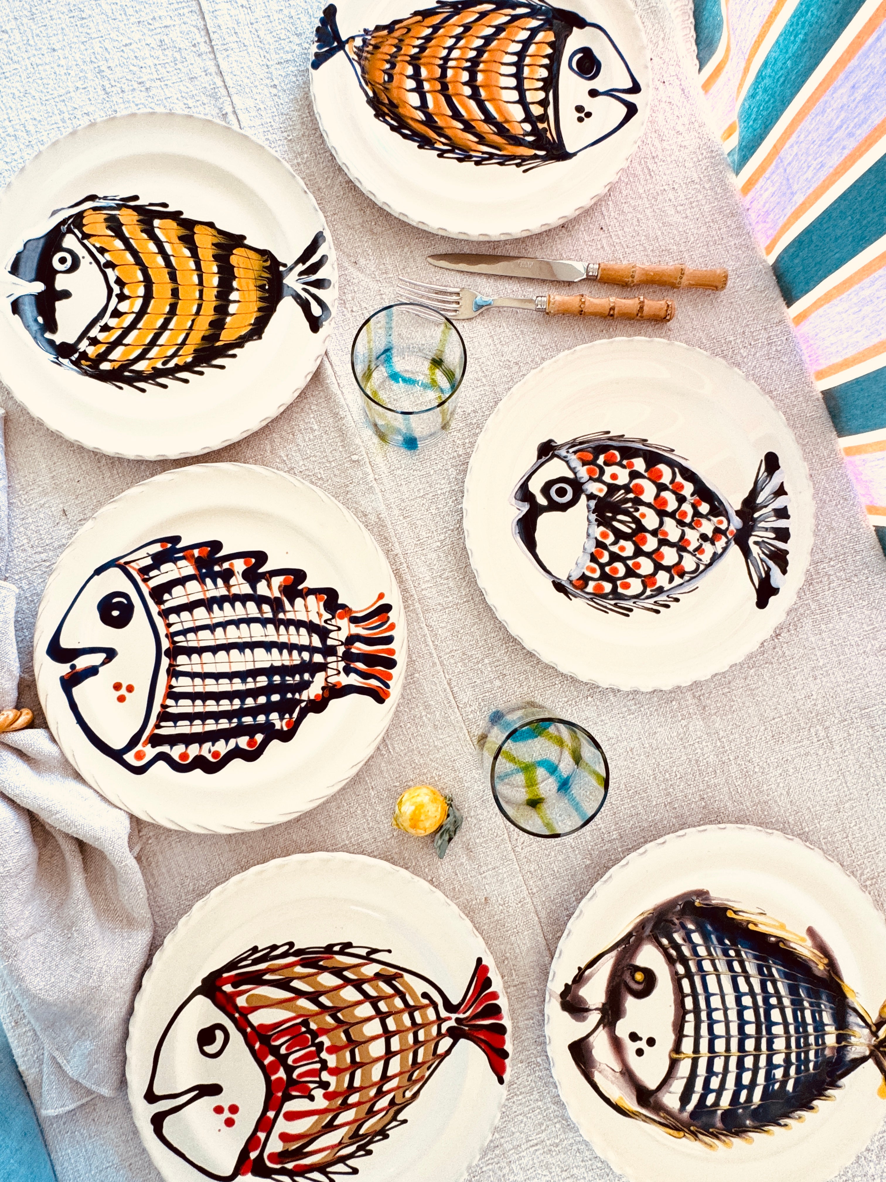 Handgefertigte Dinner Teller 27 cm | 6er Set "Pesce Mix" (Unikat Set)