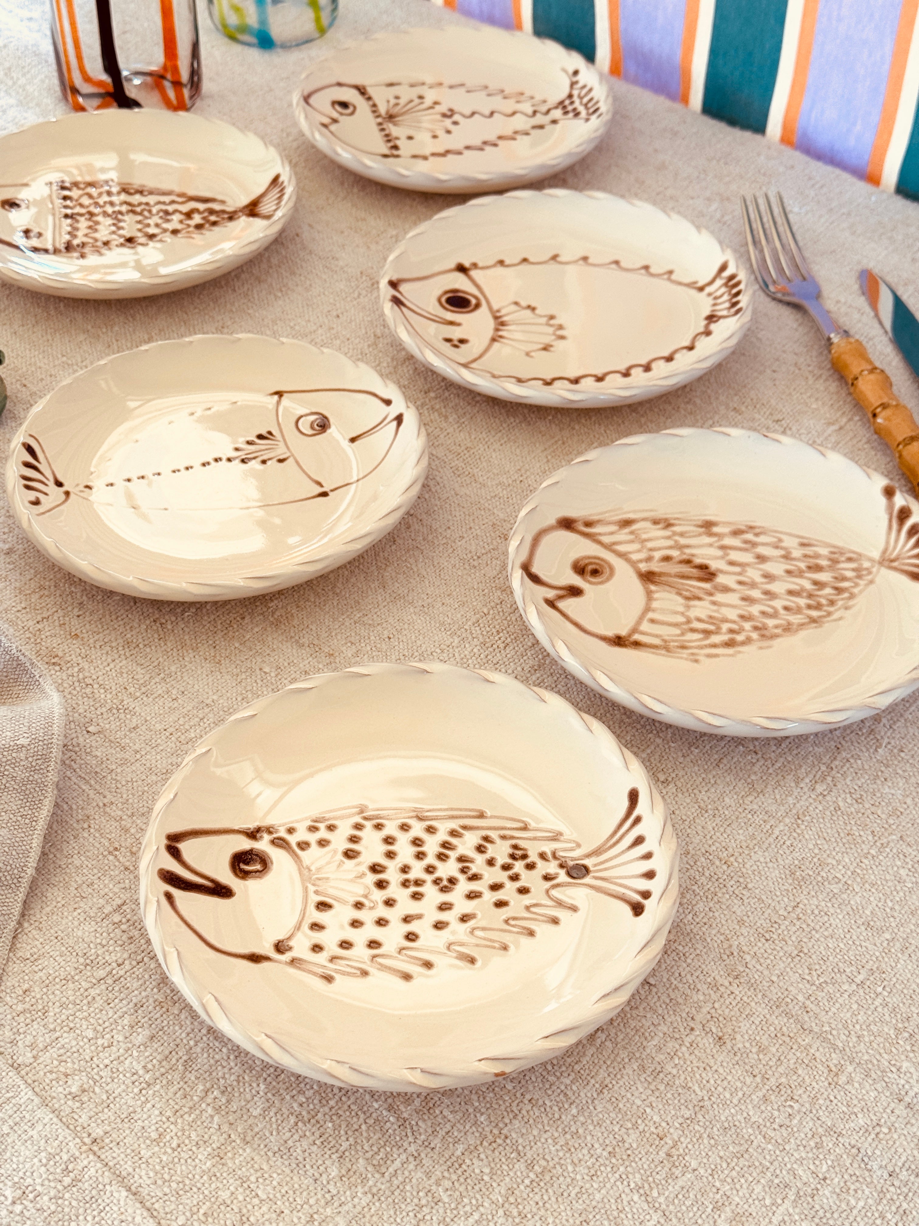 Dessert- & Brotteller 16 cm 6er Set | Handgefertigte Keramik Unikat "Pesce" Mix