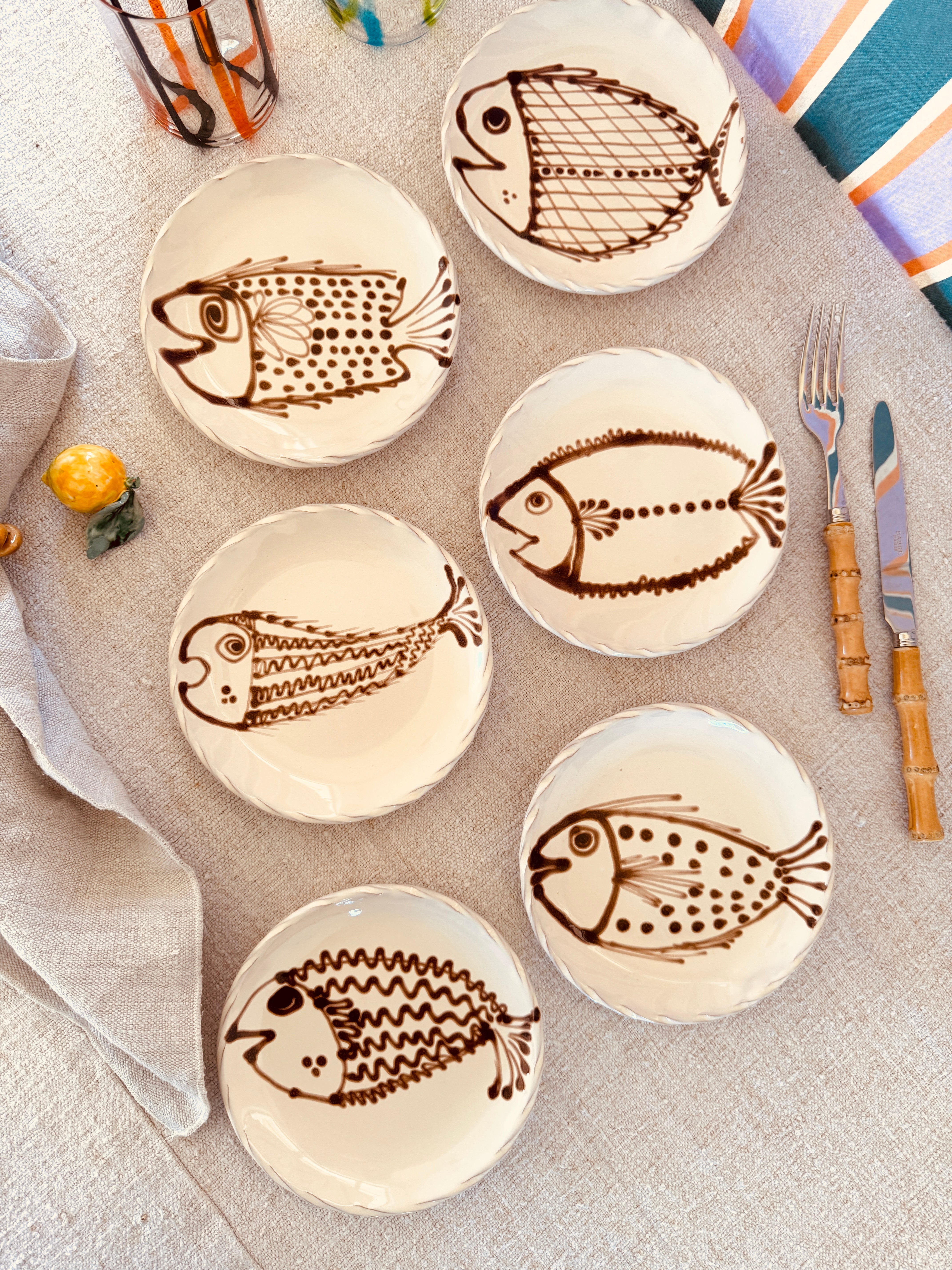 Dessert- & Brotteller 16 cm 6er Set | Handgefertigte Keramik Unikat "Pesce" Mix