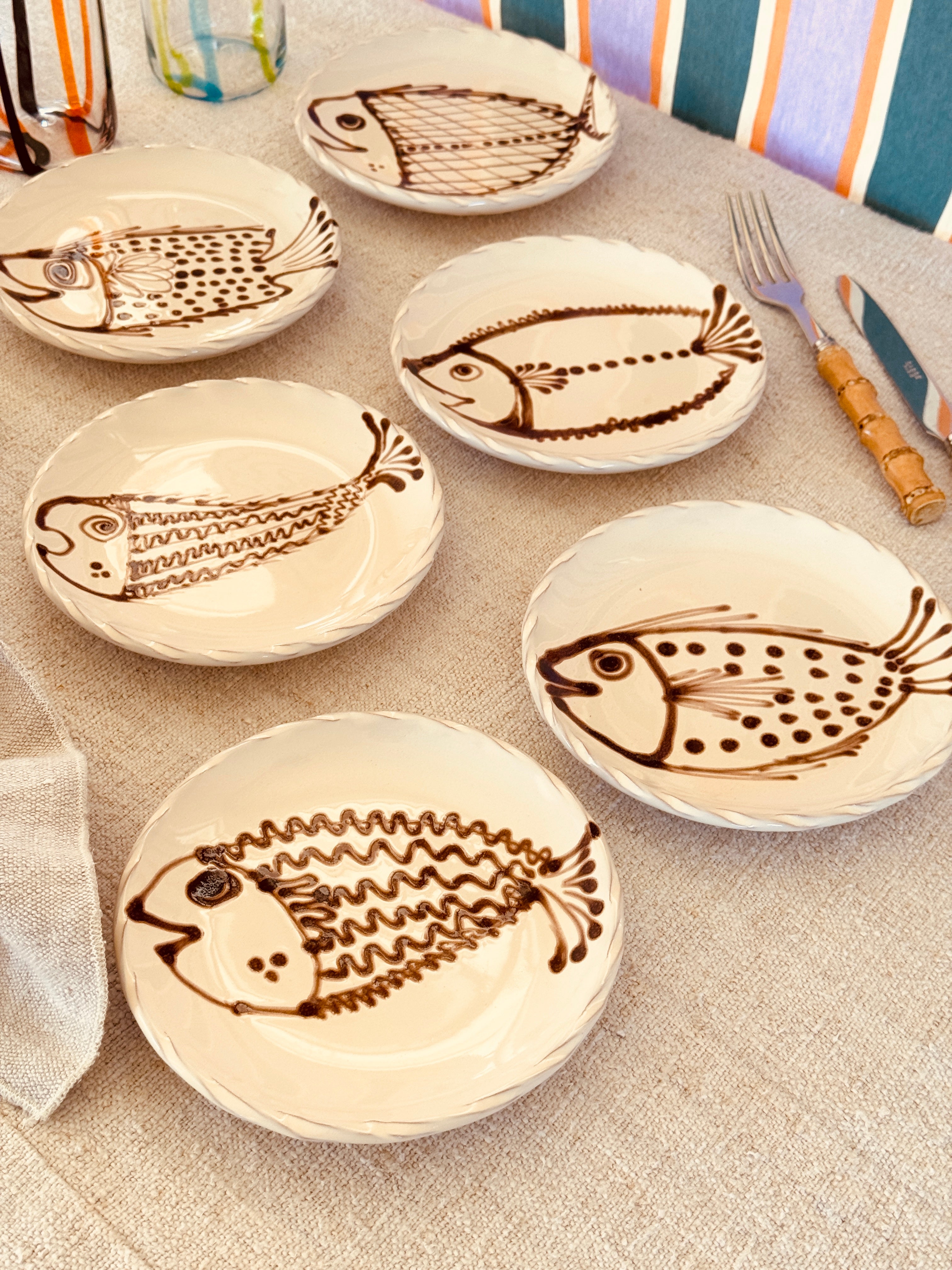Dessert- & Brotteller 16 cm 6er Set | Handgefertigte Keramik Unikat "Pesce" Mix