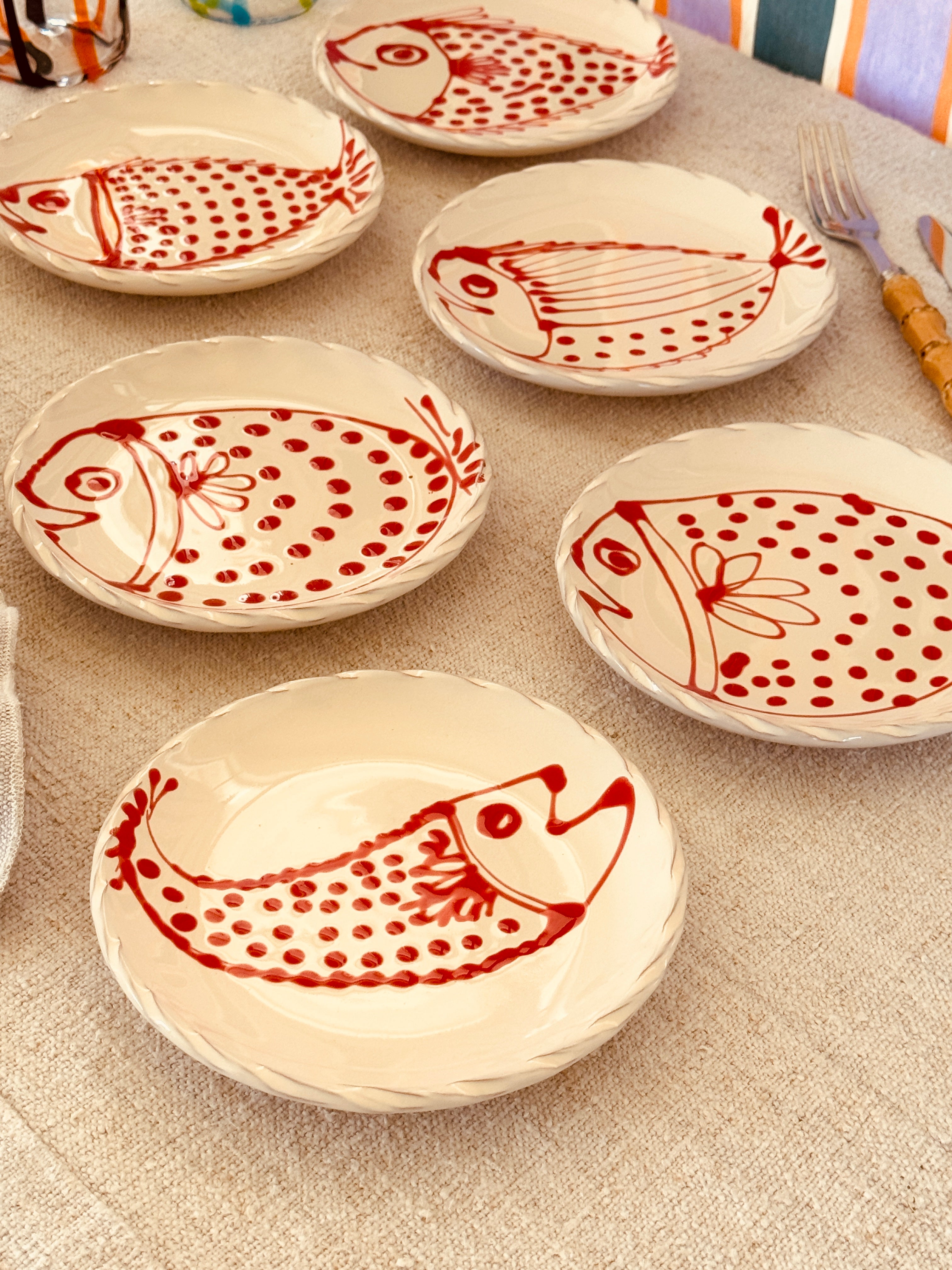 Dessert- & Brotteller 16 cm 6er Set | Handgefertigte Keramik Unikat "Pesce" Mix