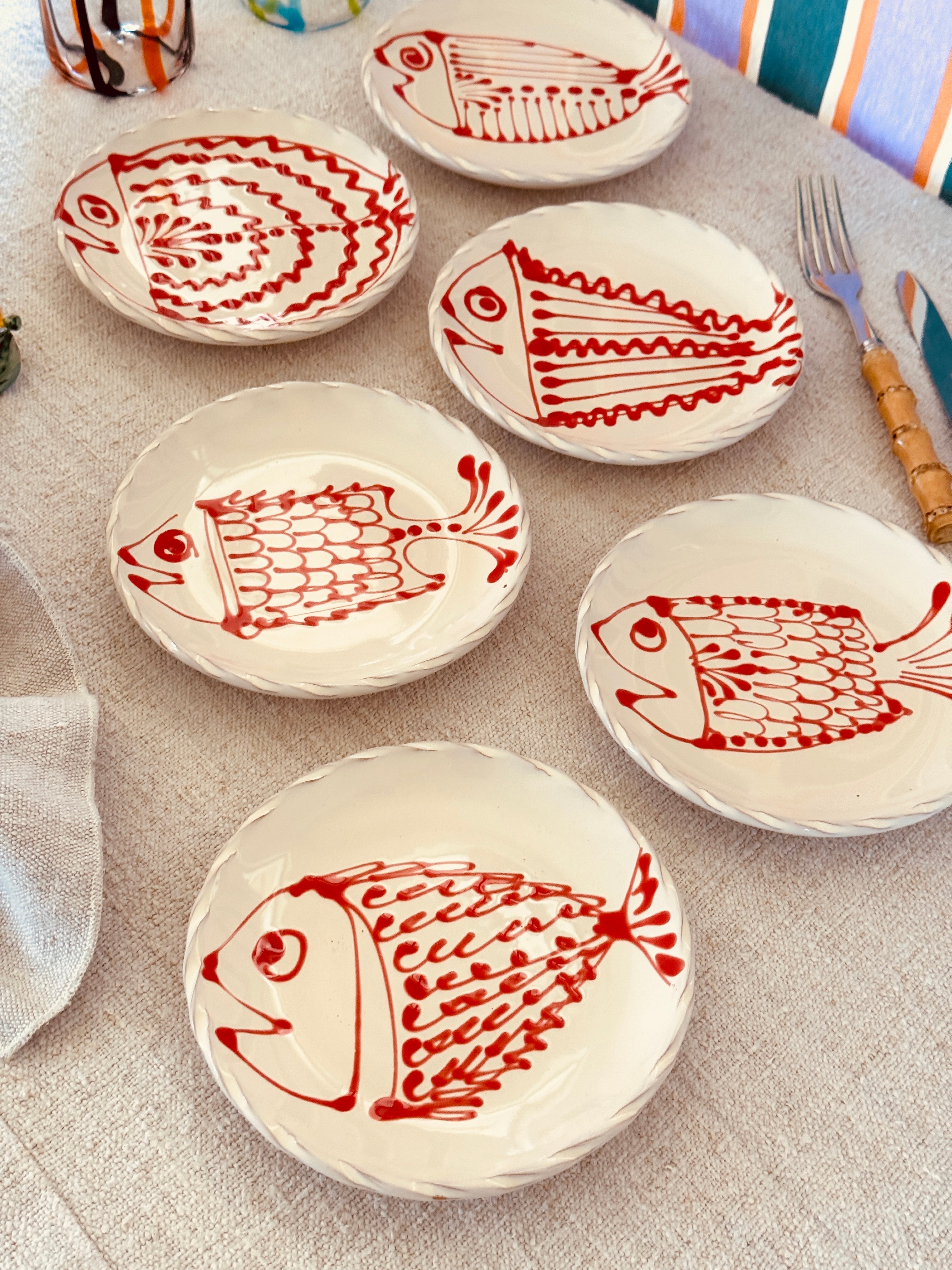 Dessert- & Brotteller 16 cm 6er Set | Handgefertigte Keramik Unikat "Pesce" Mix