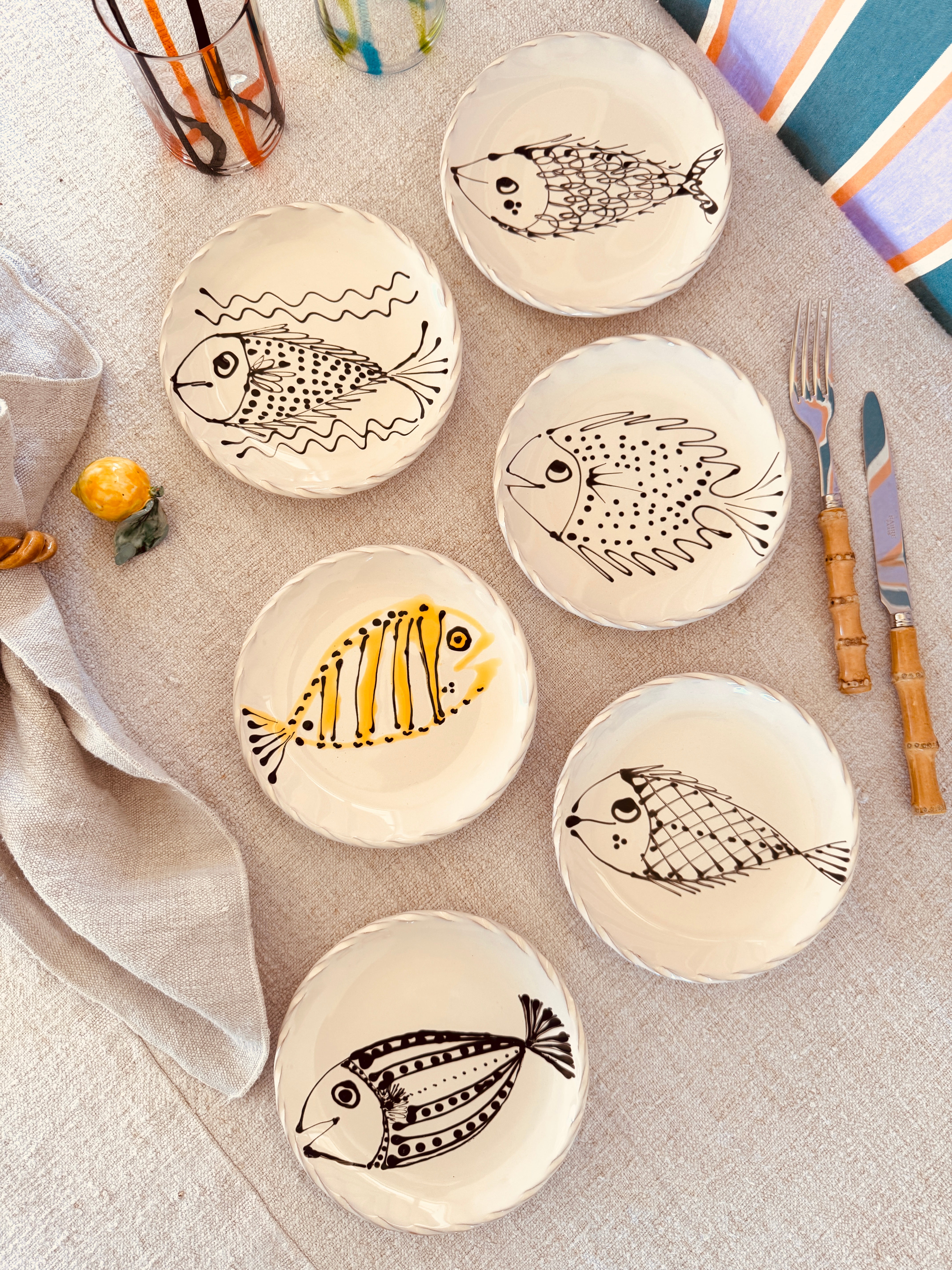 Dessert- & Brotteller 16 cm 6er Set | Handgefertigte Keramik Unikat "Pesce" Mix