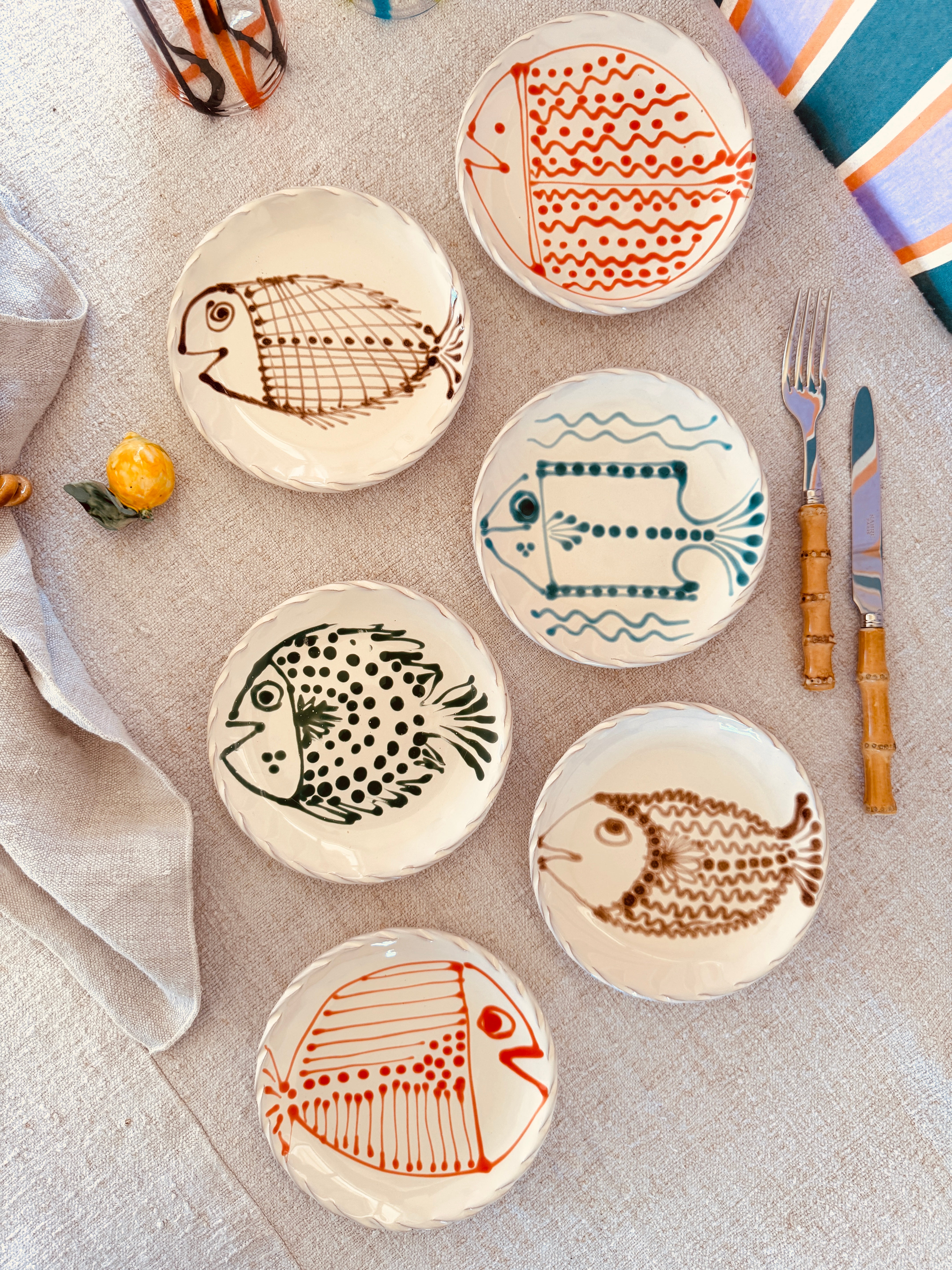Dessert- & Brotteller 16 cm 6er Set | Handgefertigte Keramik Unikat "Pesce" Mix