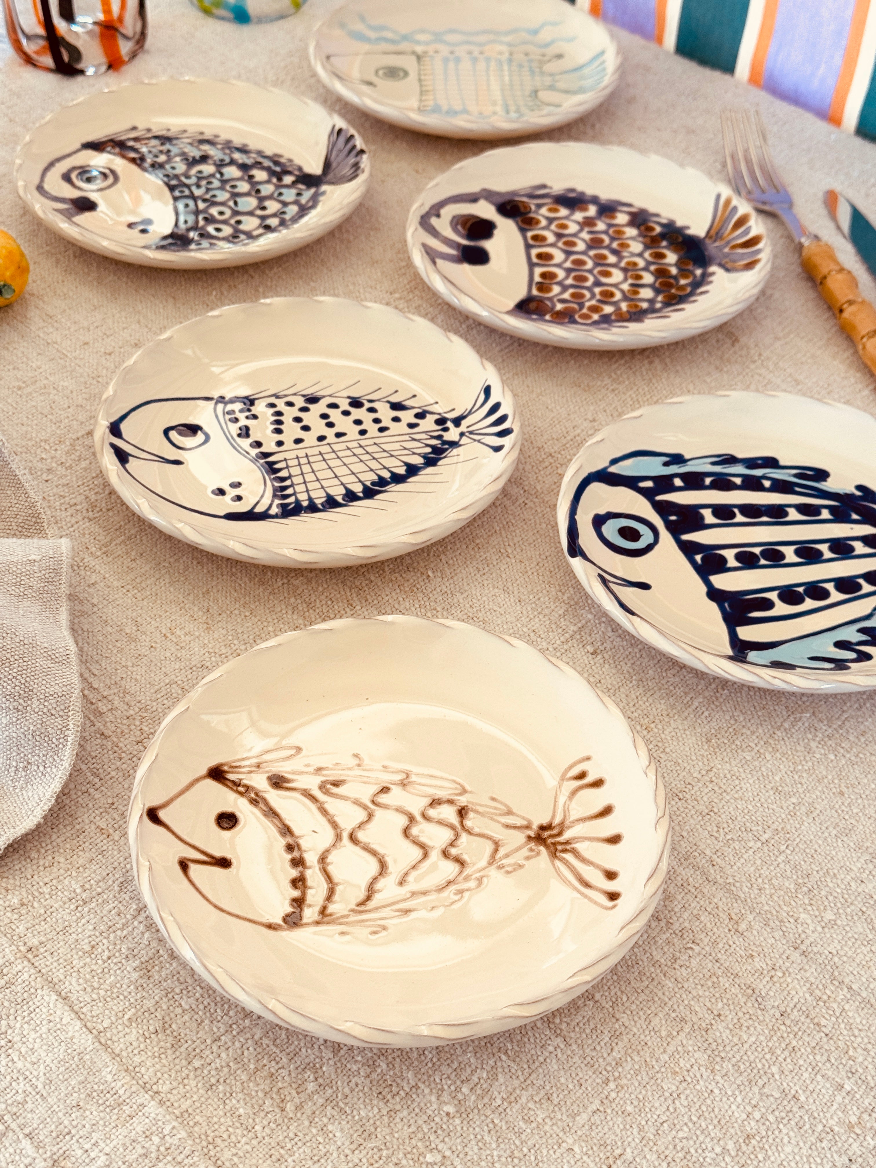 Dessert- & Brotteller 16 cm 6er Set | Handgefertigte Keramik Unikat "Pesce" Mix